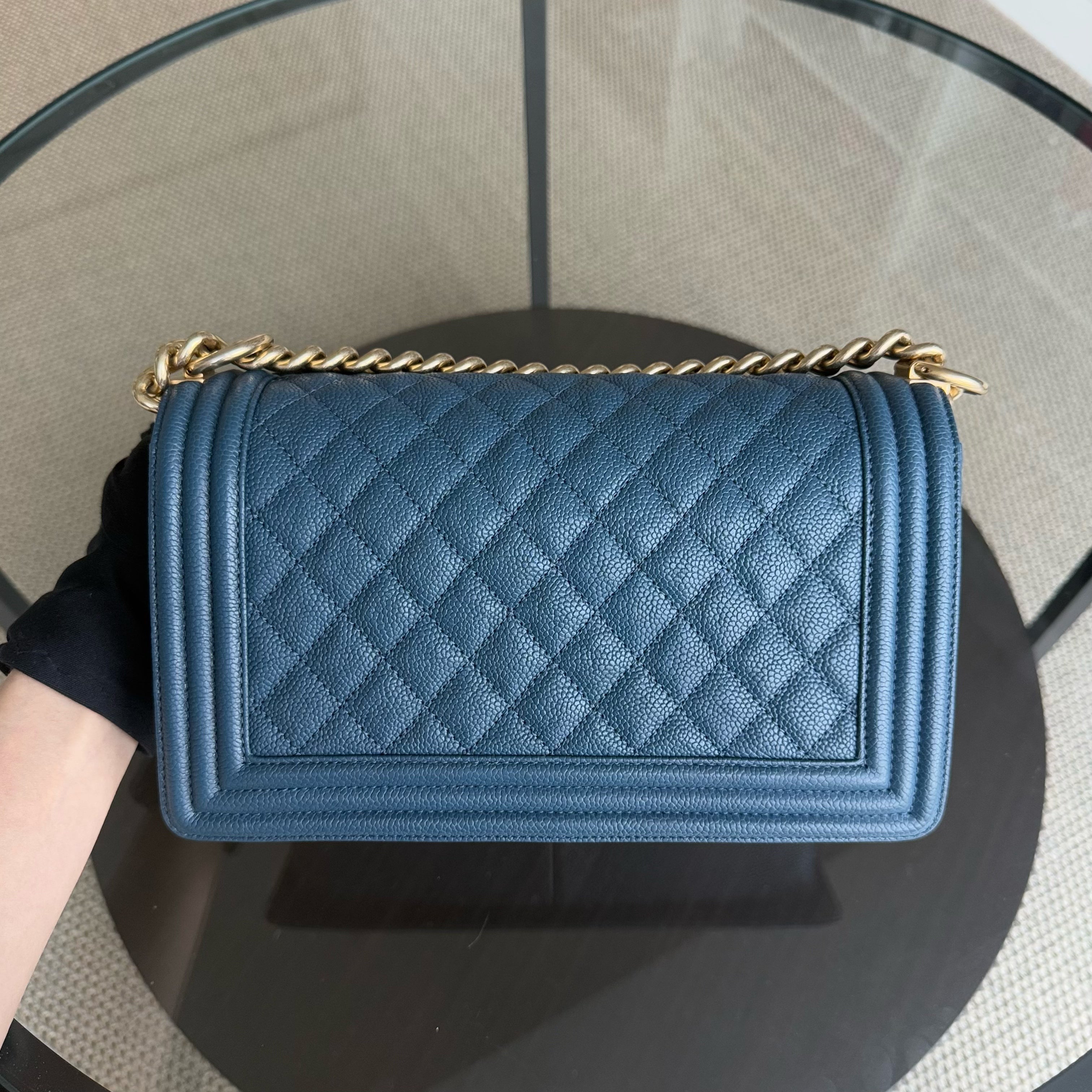 Chanel Boy Medium - Caviar 25CM Quilted Blue Gold Hardware Series 23