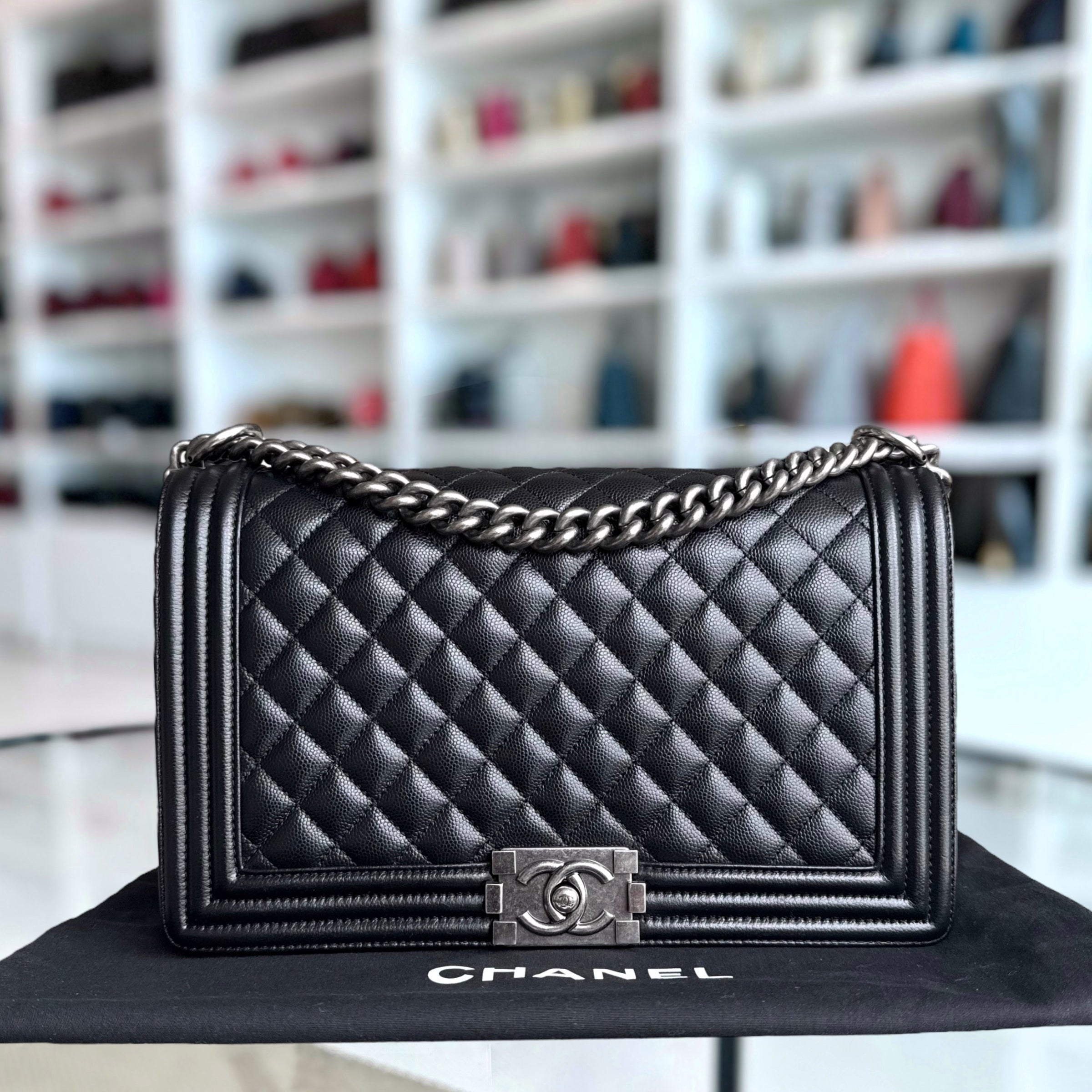 Chanel Boy Medium - Caviar 28CM Quilted Black Ruthenium Silver Hardware Series 28