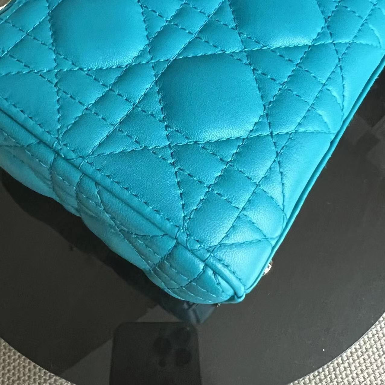 Dior Lady Mini Cannage Lambskin Cyan Blue Silver Hardware