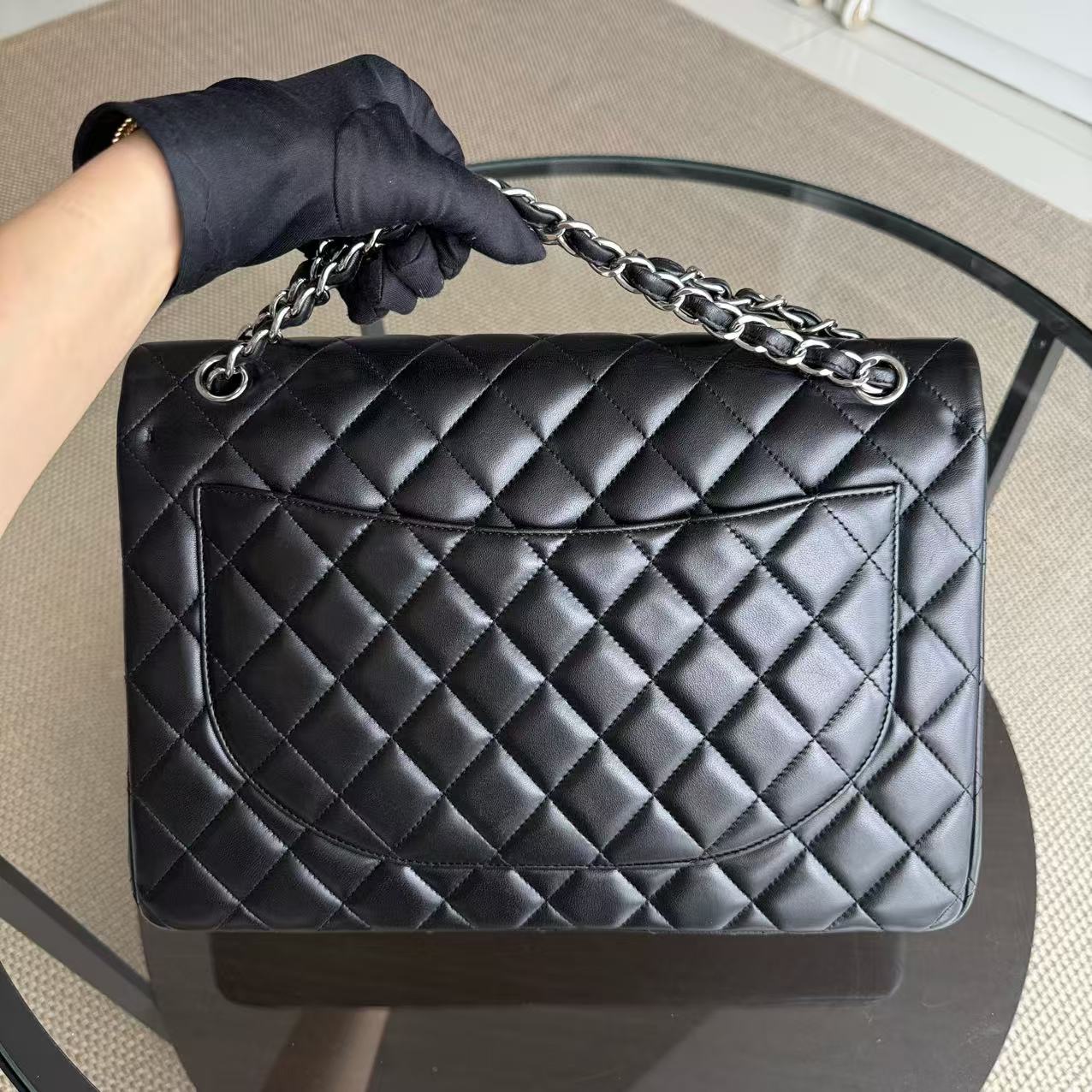 Chanel Classic Flap Maxi - 33CM Double Flap Quilted Lambskin Black Silver Hardware Series 16