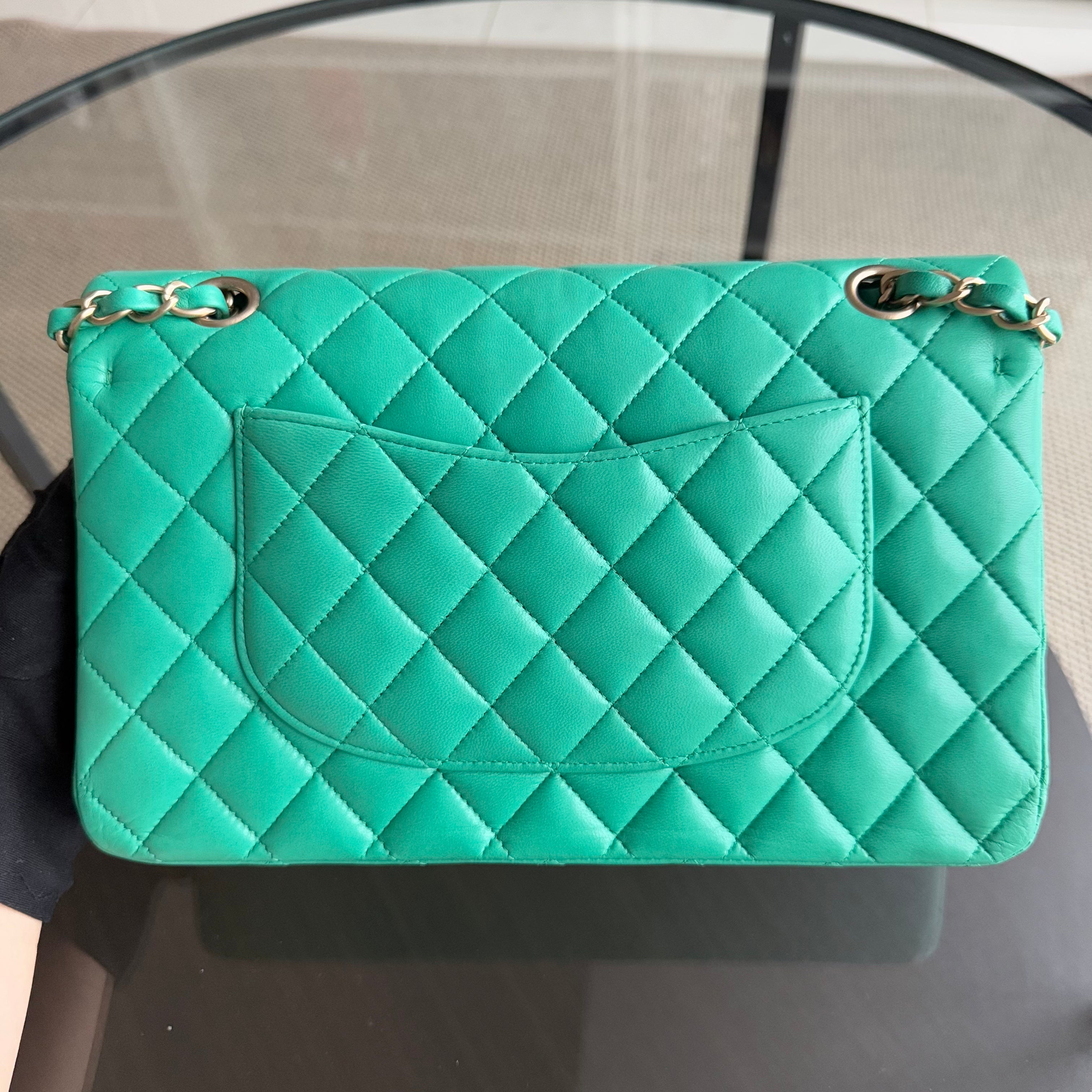 Chanel Classic Flap Medium - Quilted Lambskin Green Blue Gold Hardware Series 18