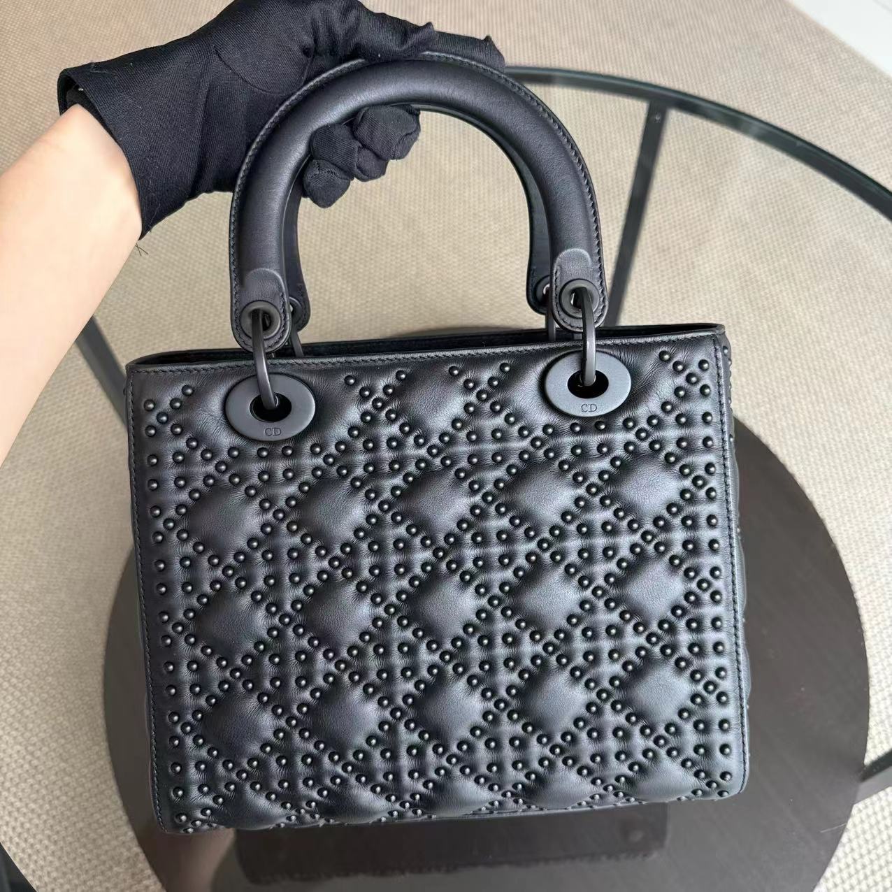 *Flap Open* Lady All Black Medium Studded Cannage Black Hardware