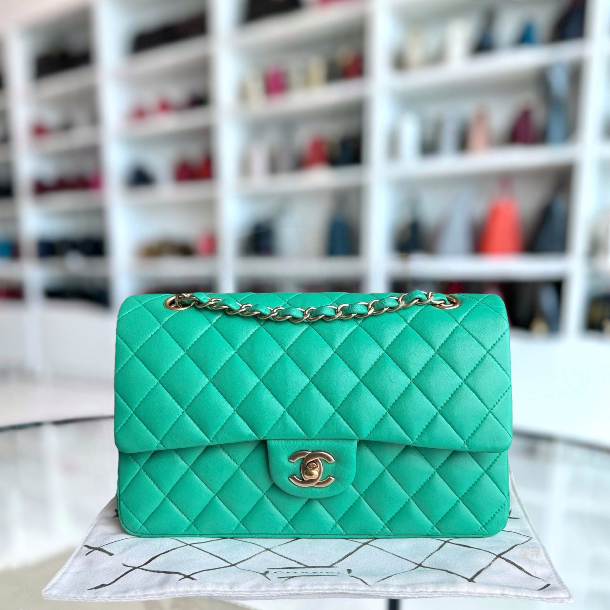 Chanel Classic Flap Medium - 25CM Quilted Lambskin Green Gold Hardware Series 18