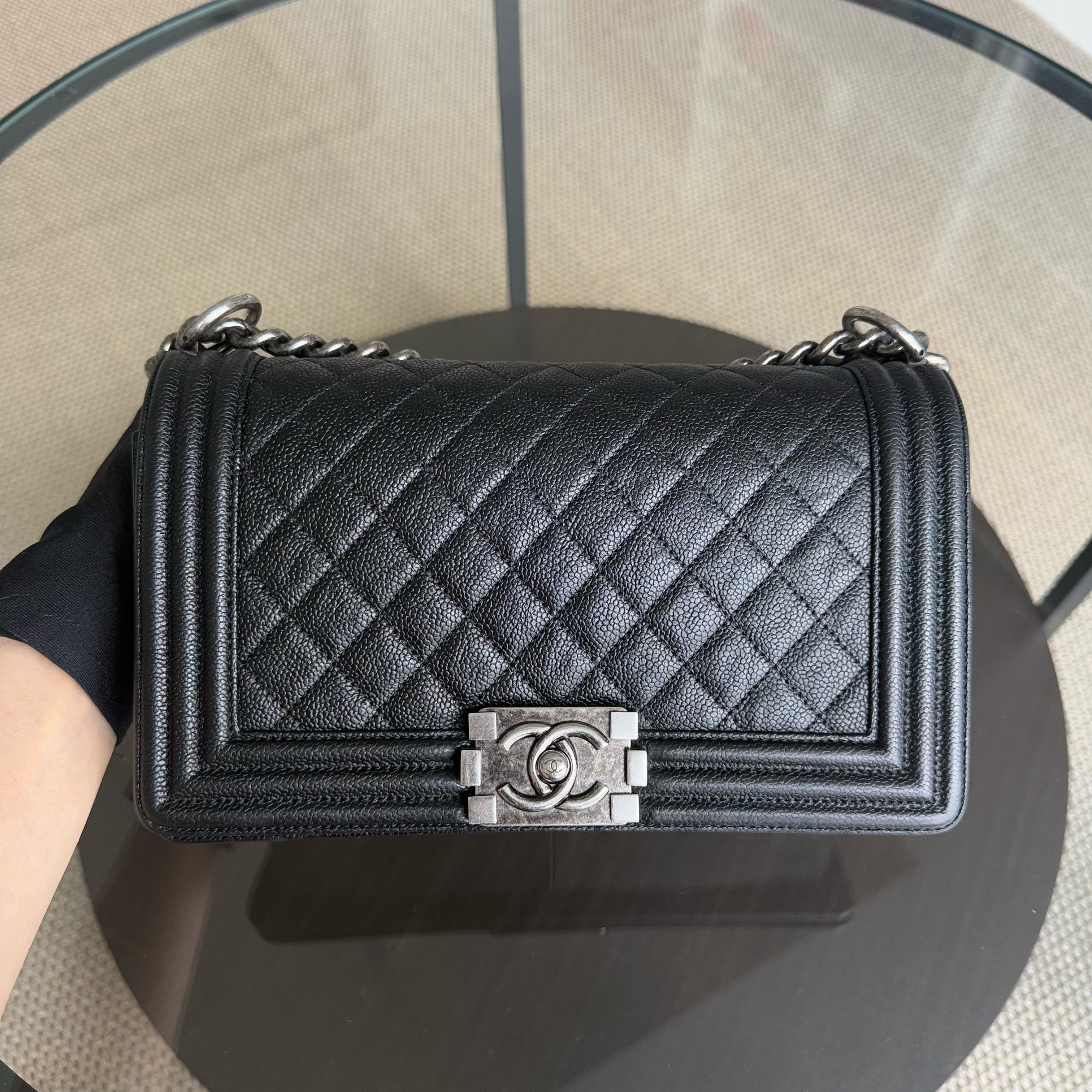 Chanel Boy Medium - Caviar 25CM Quilted Black Ruthenium Silver Hardware Series 23