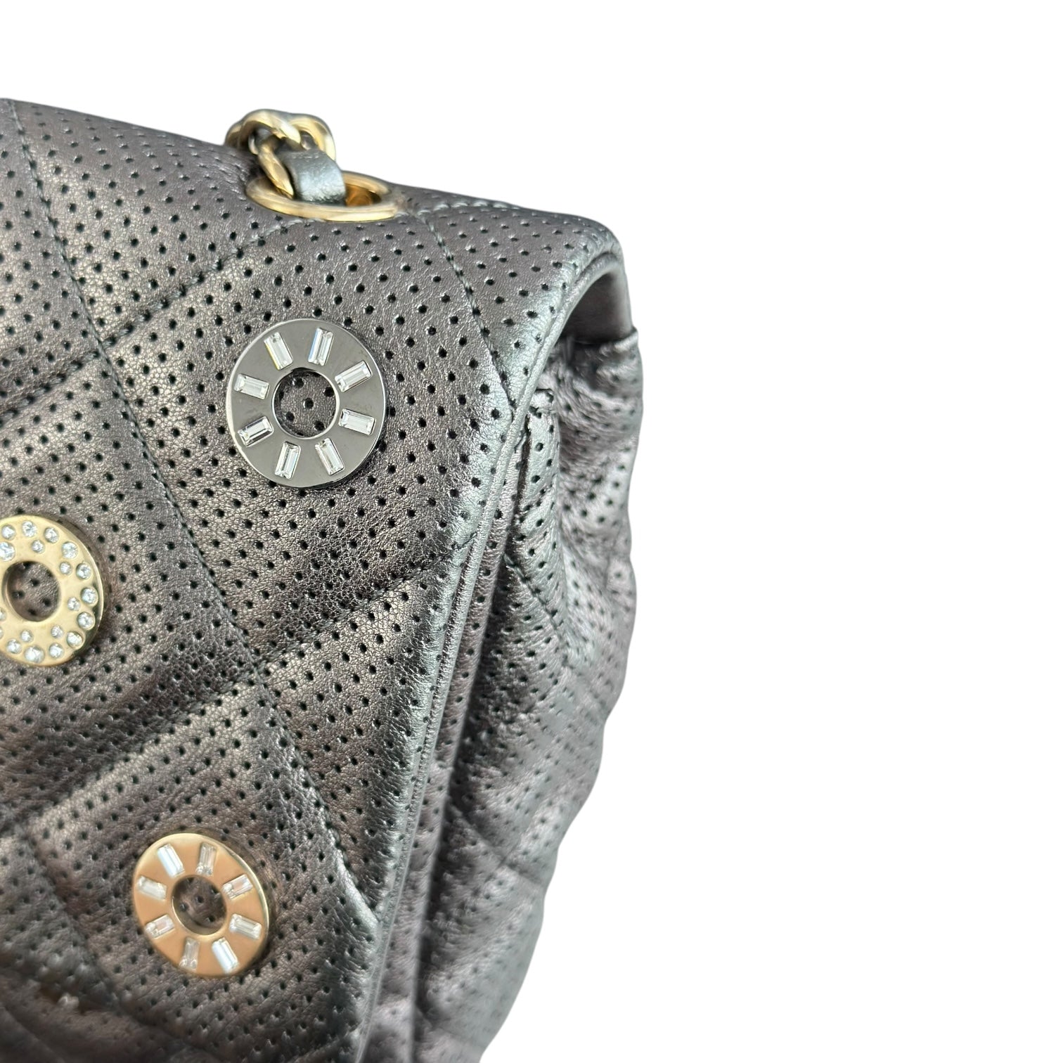 Chanel Seasonal Flap - Cruise Paris-Dubai Medals 2015 Perforated Calfskin Gray Grey Silver Hardware Series 20