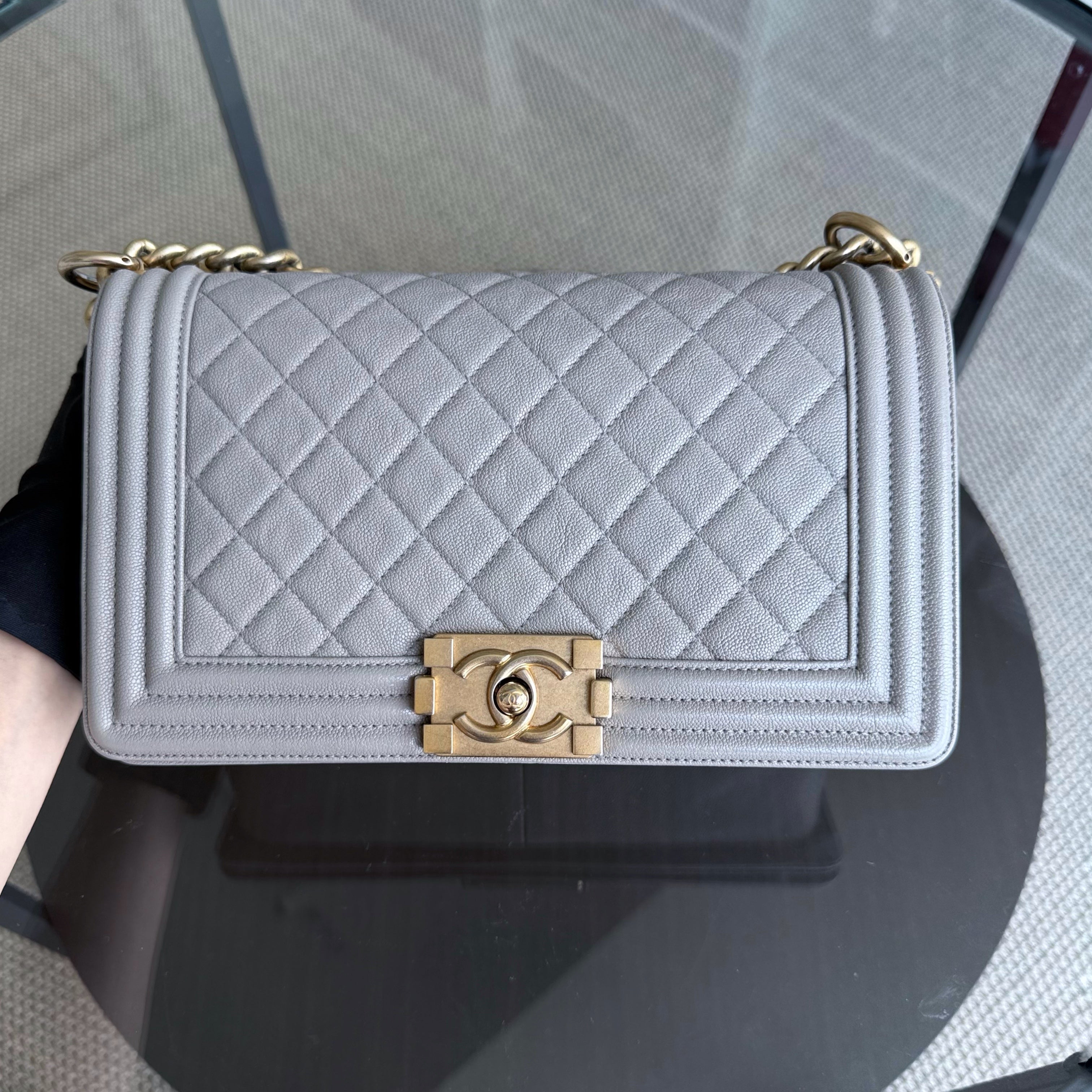 Chanel Boy Medium - Caviar 25CM Quilted Light Grey Gold Hardware