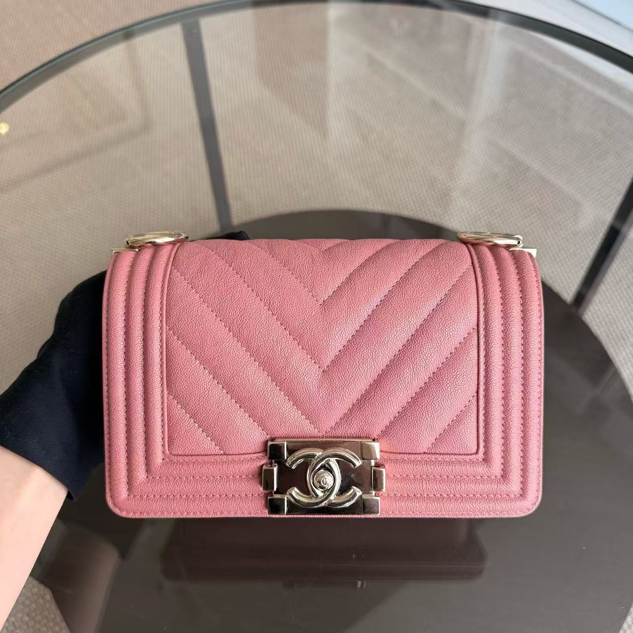 Chanel Boy Small - Caviar 20CM Chevron Pink Gold Hardware Series 28