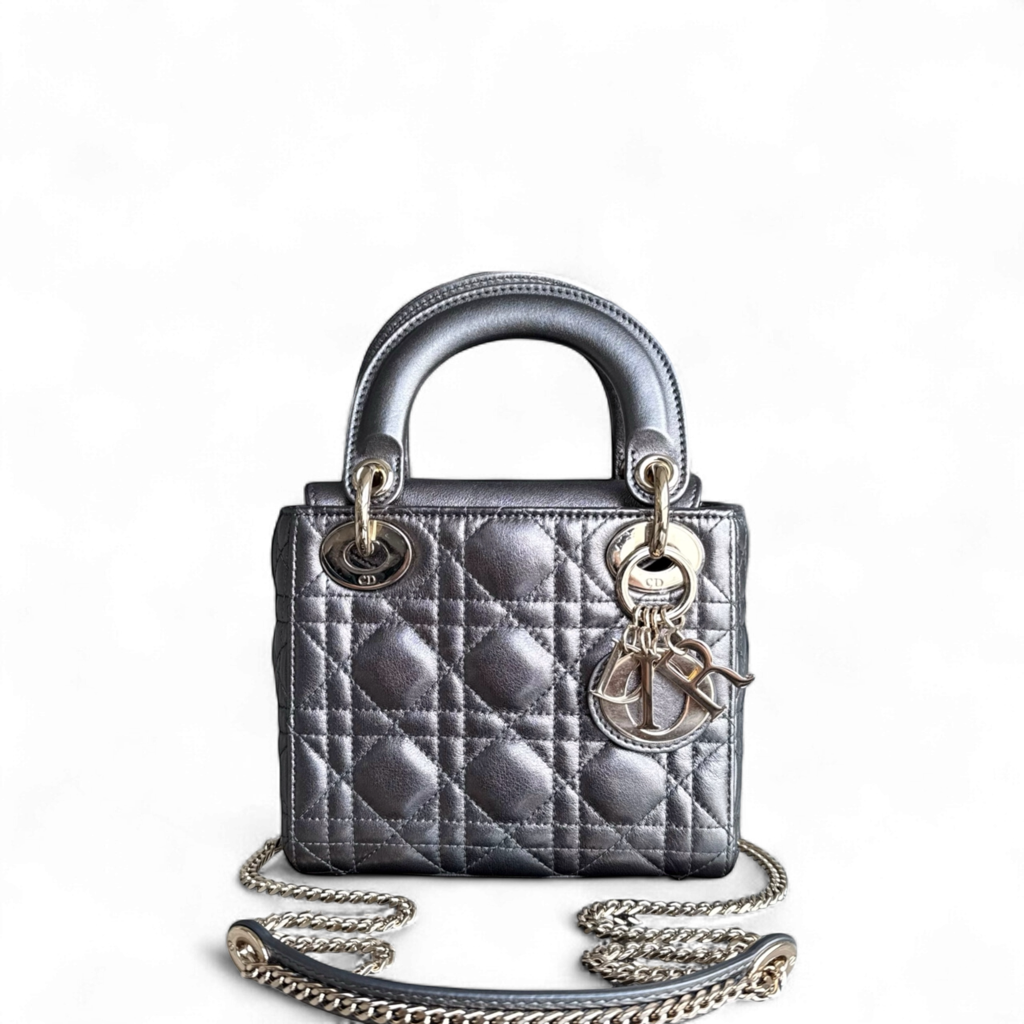 Dior Lady Mini - Cannage Calfskin Silver Gunmetal Gold Hardware Chain Strap
