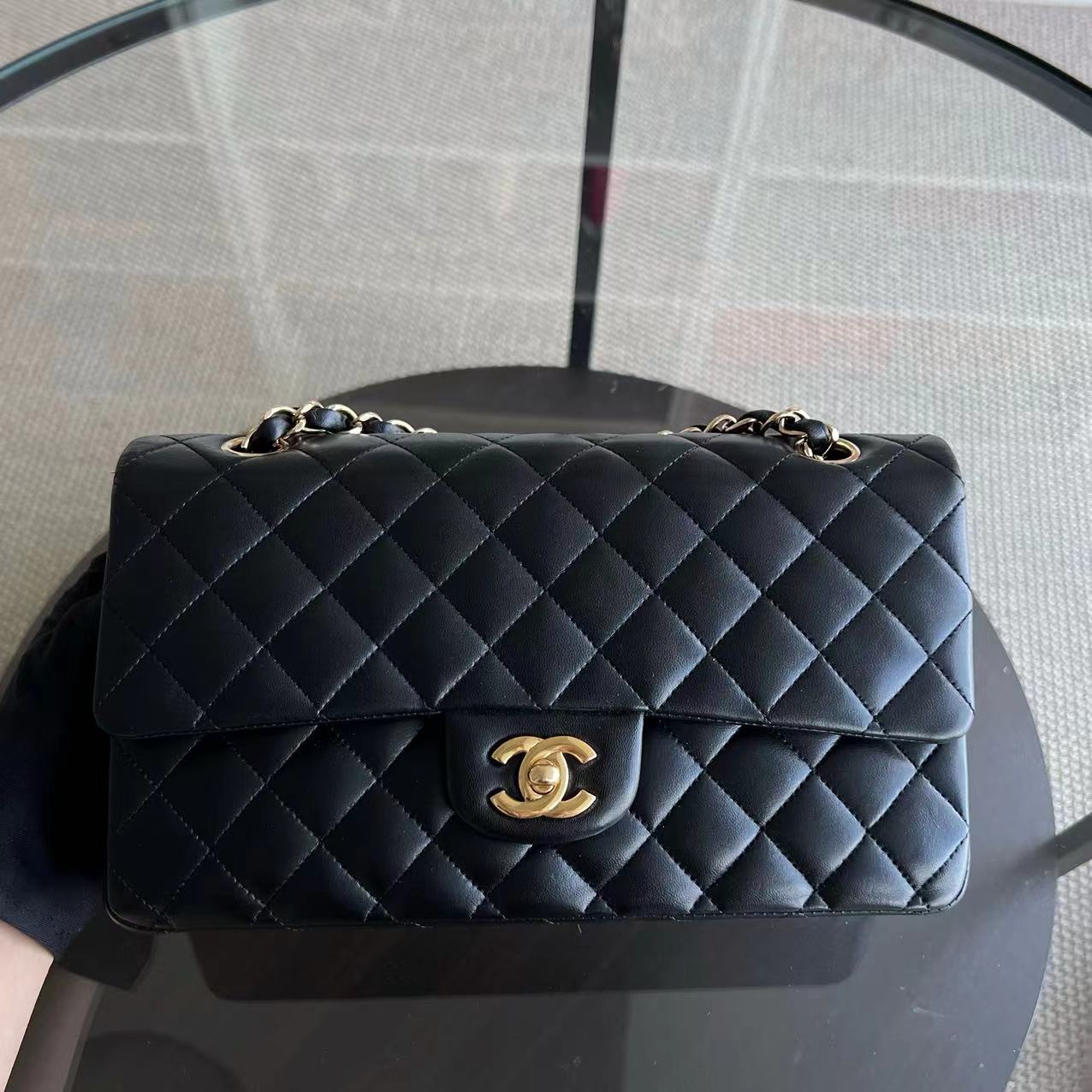 Chanel Medium Classic Flap Quilted Lambskin Black Golden Hardware