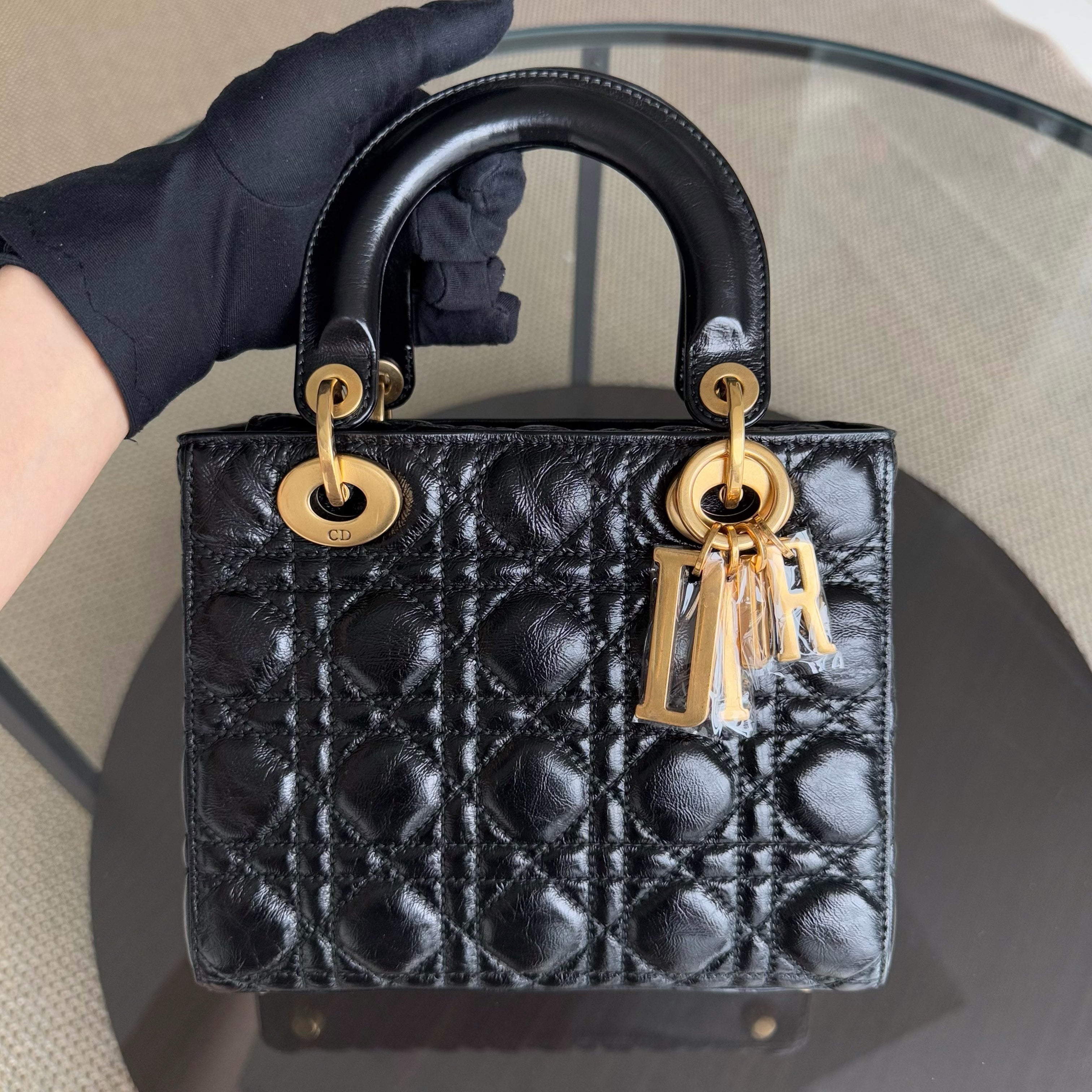 Dior Lady Small - Glazed Calfskin Cannage Black Gold Hardware