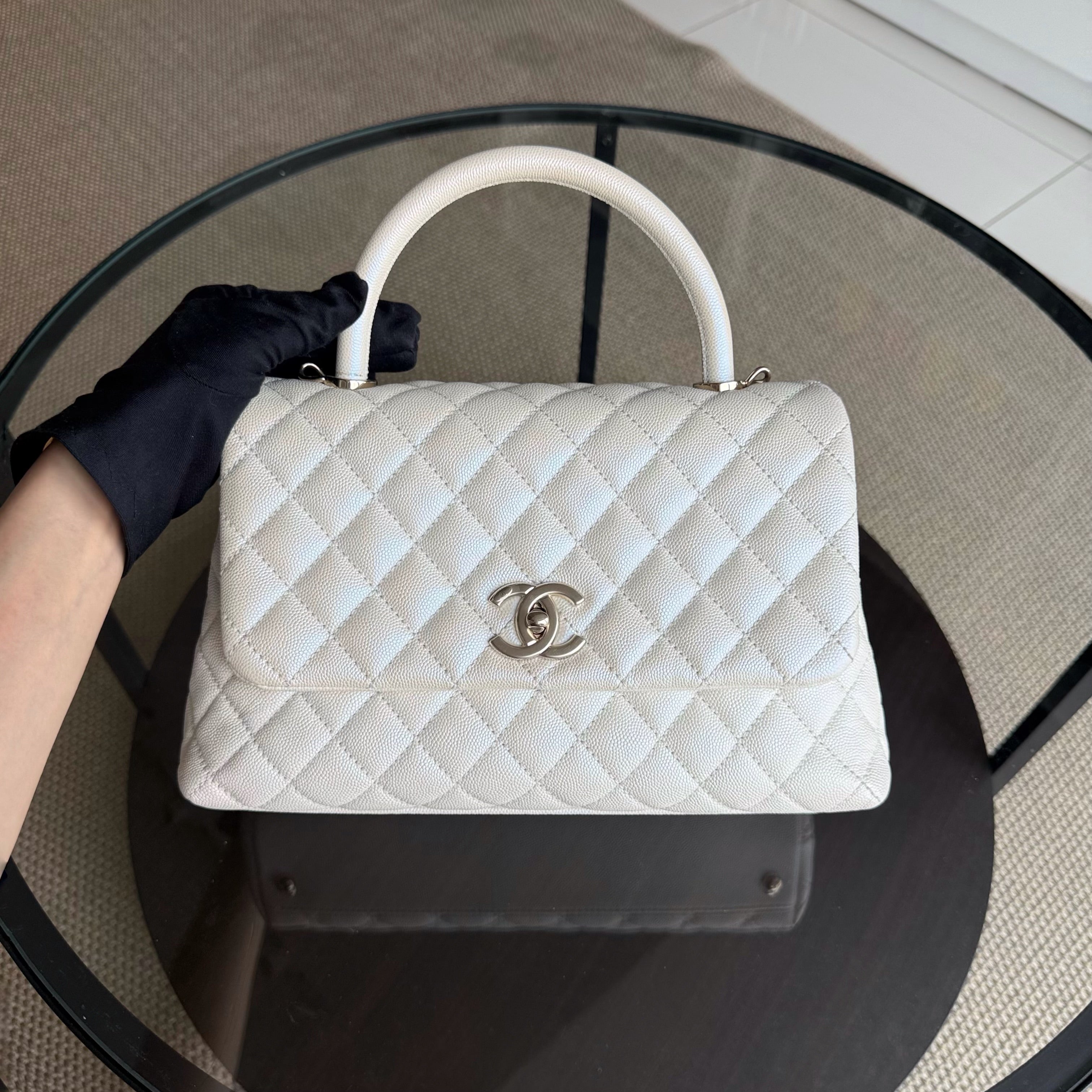 Chanel Coco Handle Medium - Caviar 29CM Quilted Irridescent Pearl White Gold Hardware Series 30