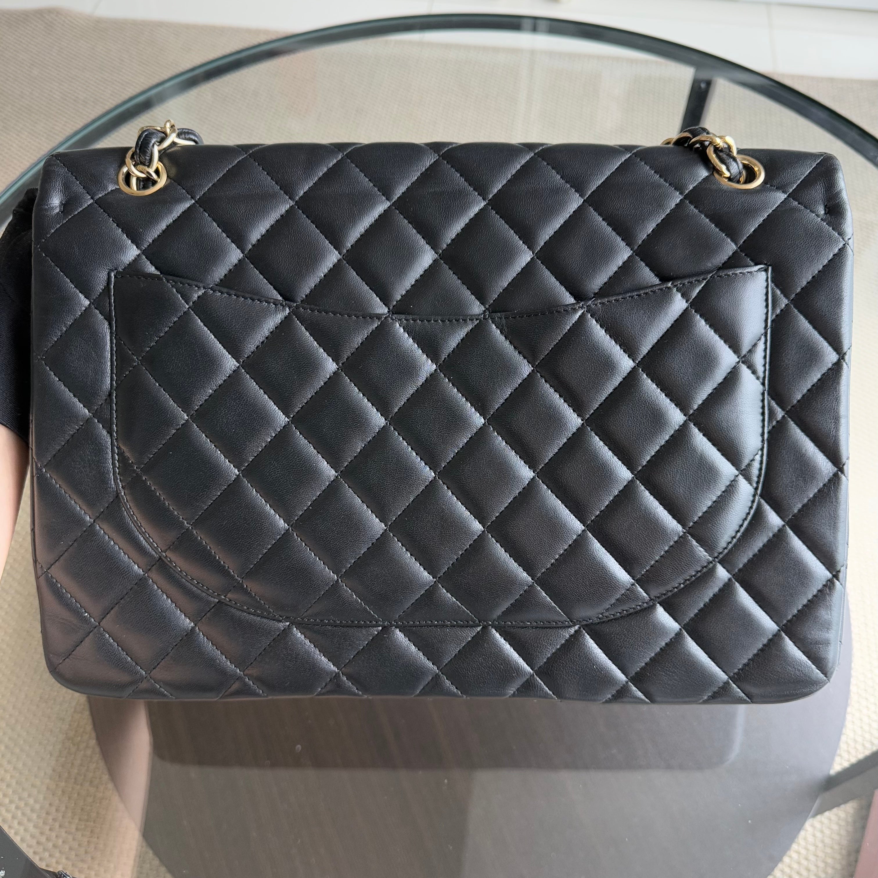 Chanel Classic Flap Maxi - 34CM Quilted Single Flap Lambskin Black Gold Hardware Series 13