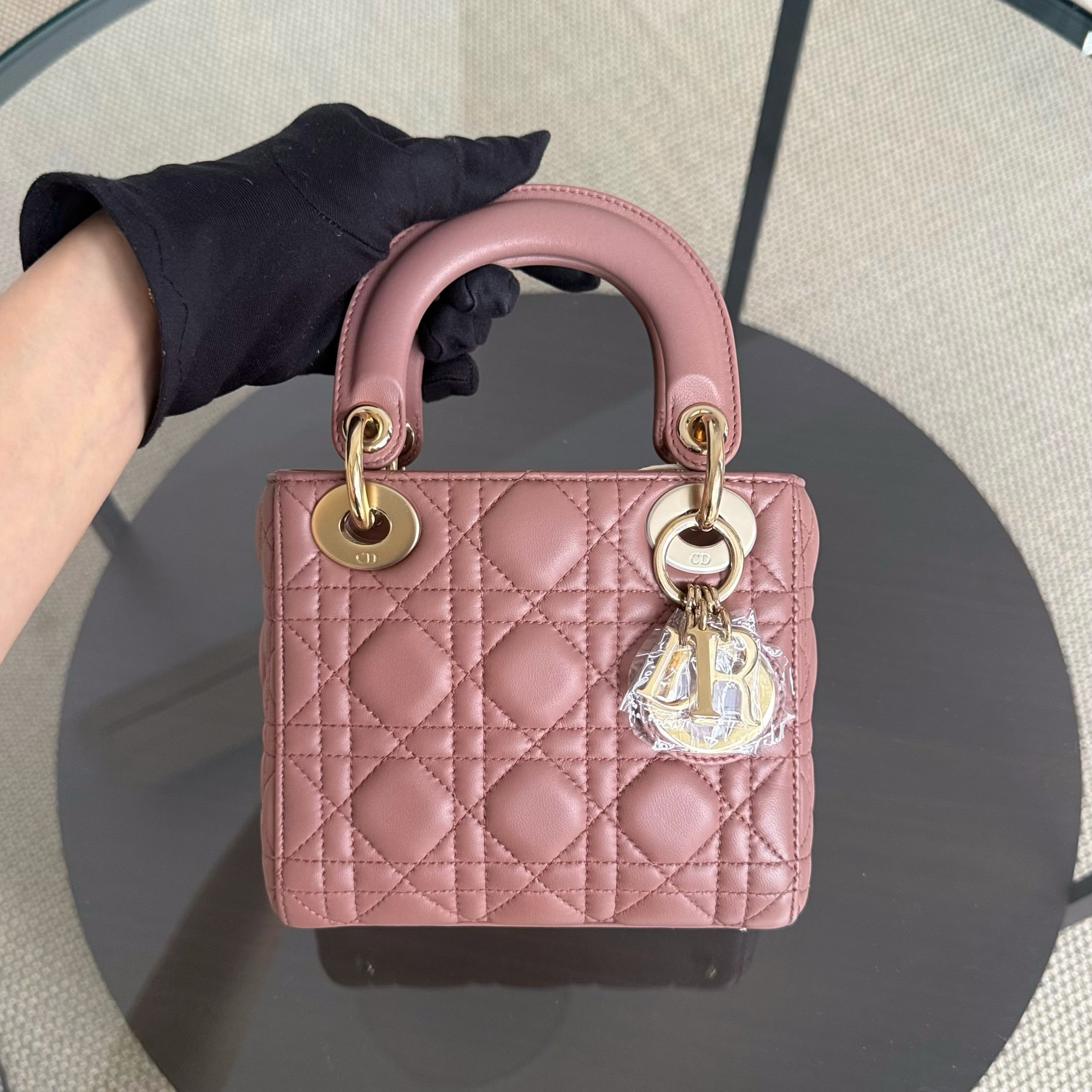 Dior Lady Mini - Cannage Lambskin Blush Gold Hardware Chain Strap
