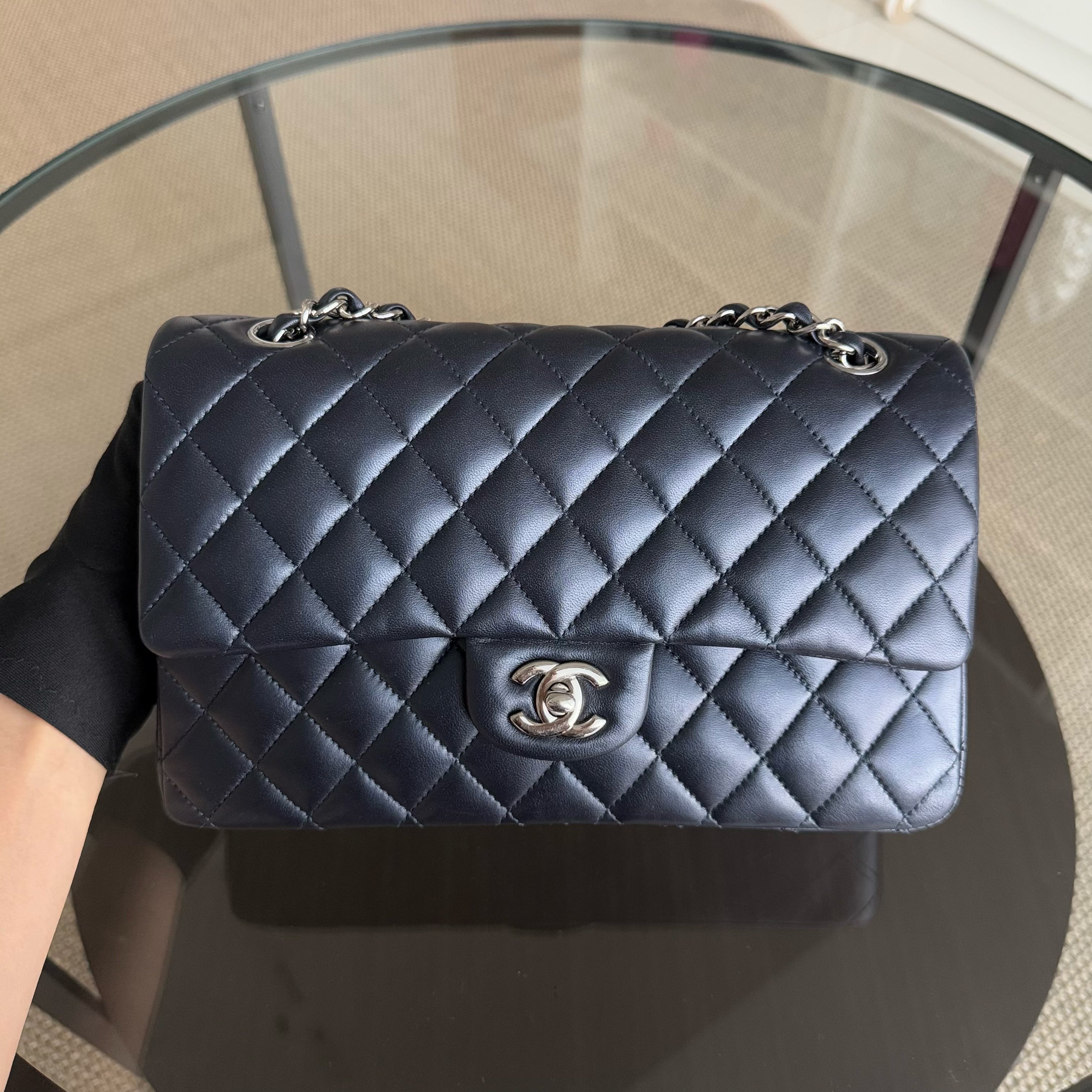 Chanel Classic Flap Medium - 25CM Quilted Lambskin Iridescent Midnight Dark Blue Silver Hardware Series 24