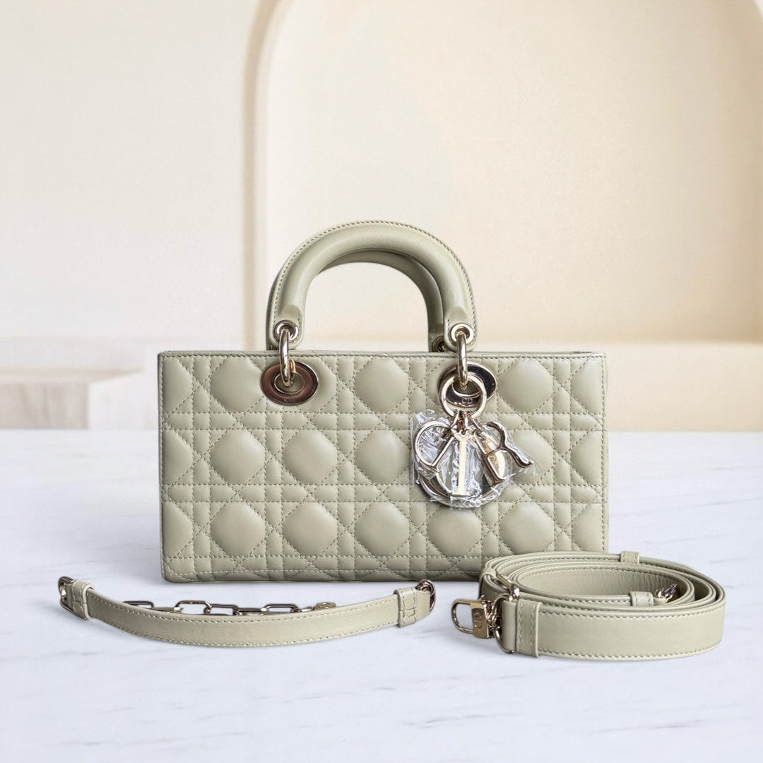 Dior D-Joy Medium - Cannage Lambskin Light Lime Beige Gold Hardware