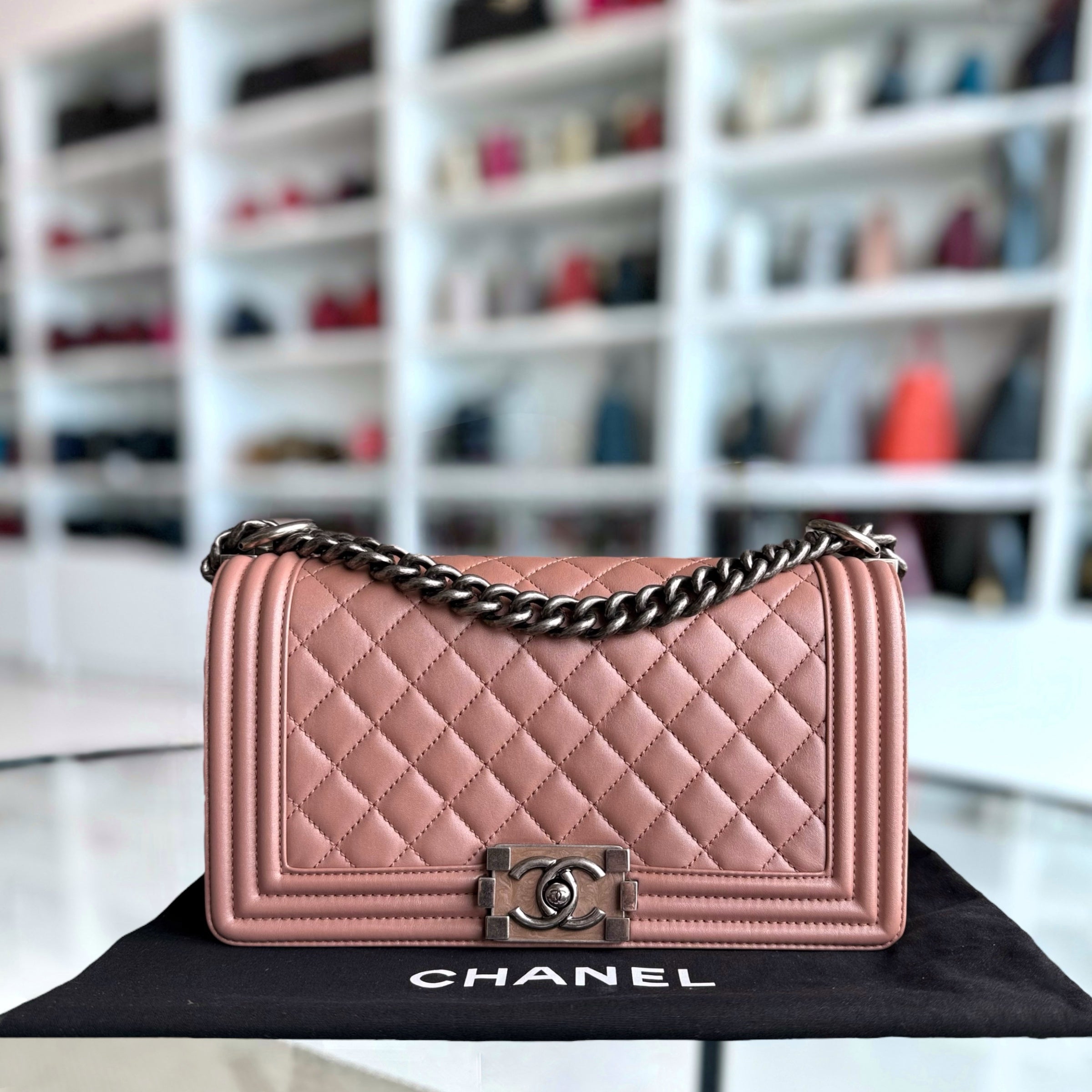 Chanel Boy Medium - 25CM Quilted Lambskin Blush Ruthenium Silver Hardware Series 20