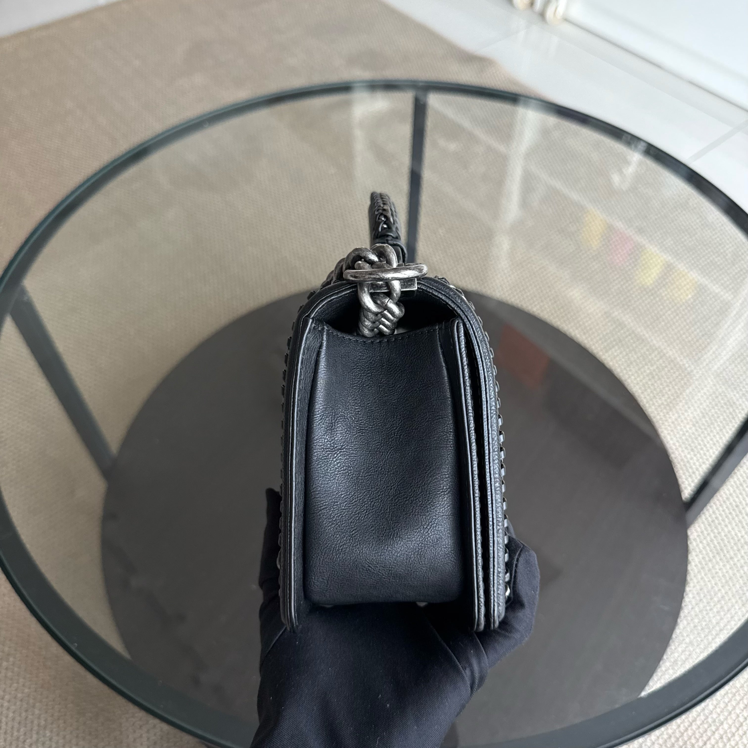 Chanel Boy Handle Old Medium 25CM Black Quilted Grained Calfskin With Handle Chain Around Ruthenium Silver Hardware Series 23