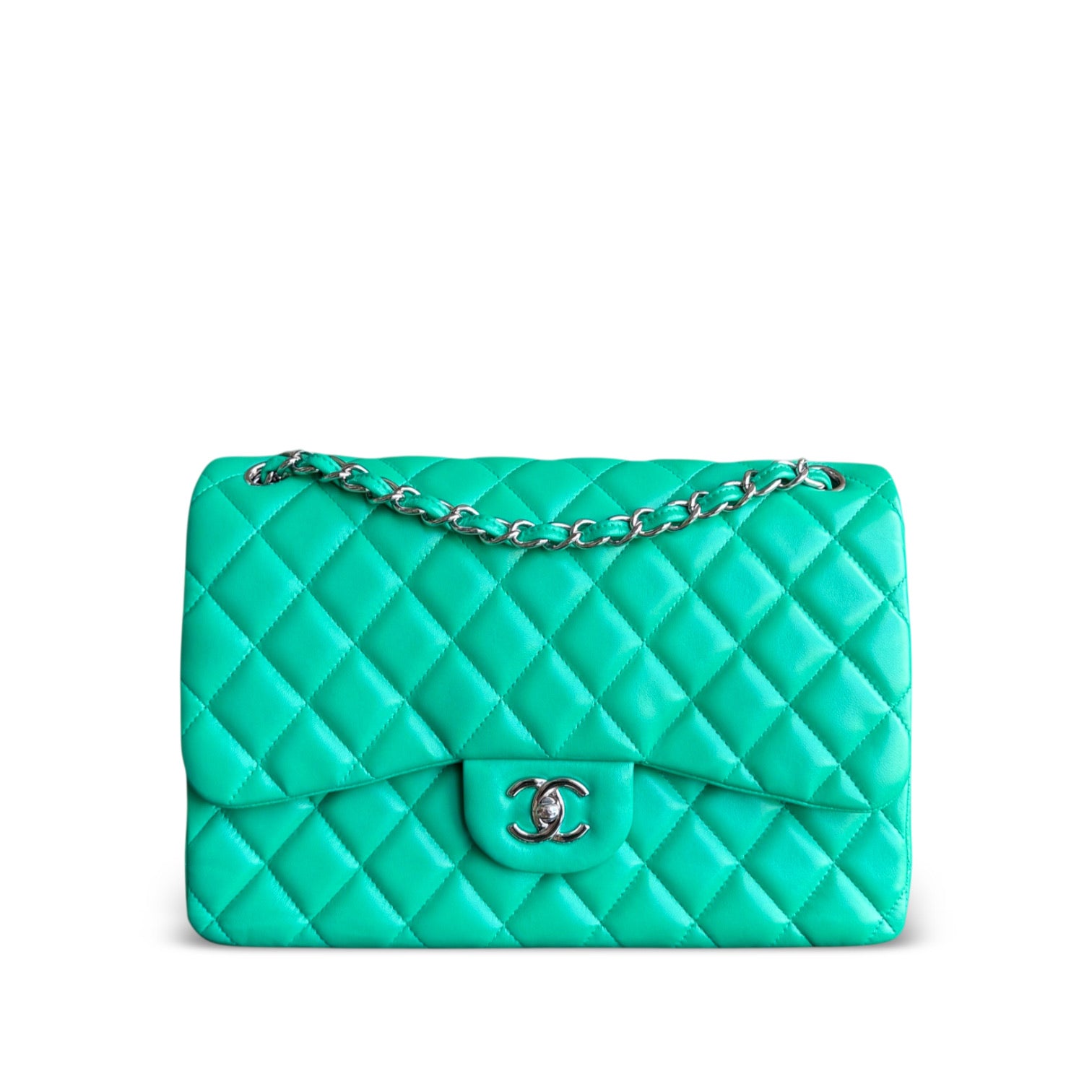 Chanel Classic Flap Jumbo - Double Flap 30CM Quilted Lambskin Green Silver Hardware Series 16