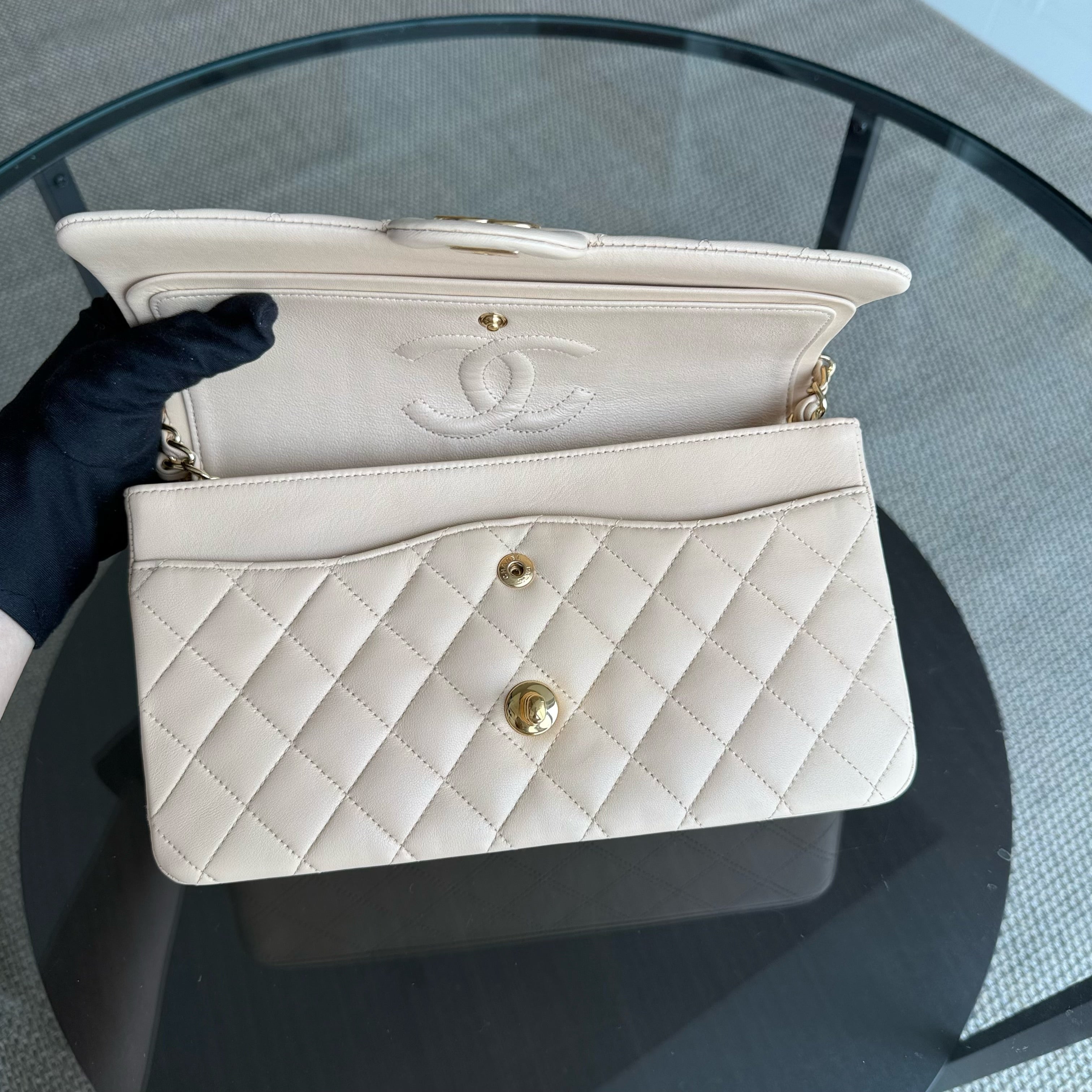 Chanel Classic Flap Medium - 25CM Quilted Lambskin Beige Gold Hardware Series 18