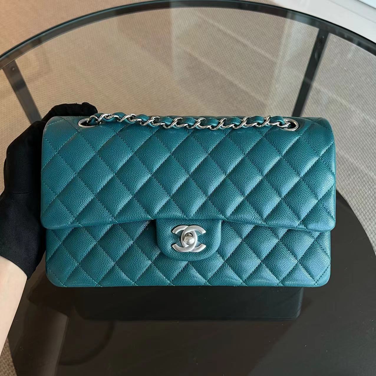 *Unused* Chanel Caviar Medium Classic Flap Quilted Calfskin Green Blue SHW No 26