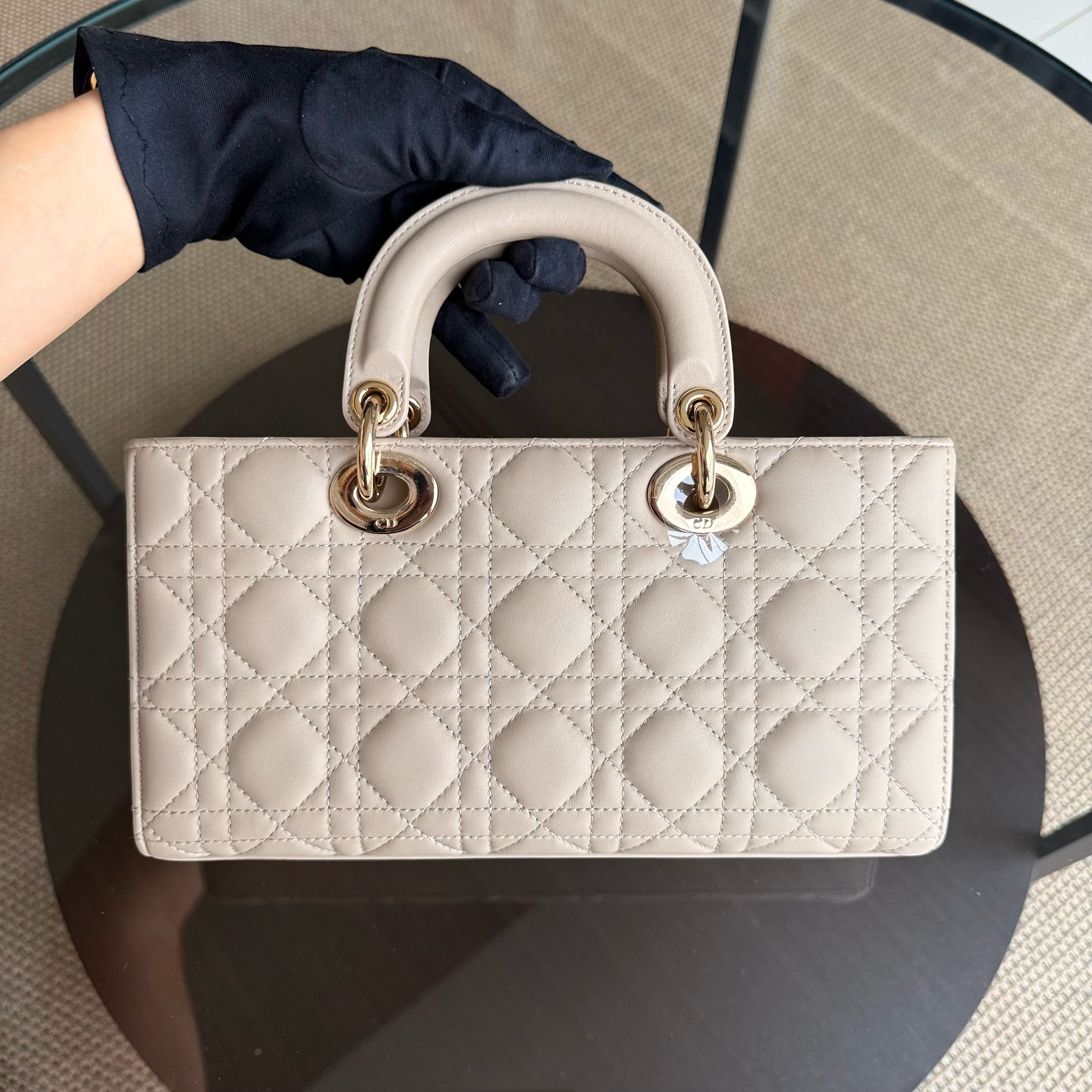 Dior D-Joy Medium Cannage Lambskin Beige Golden Hardware Shoulder Bag