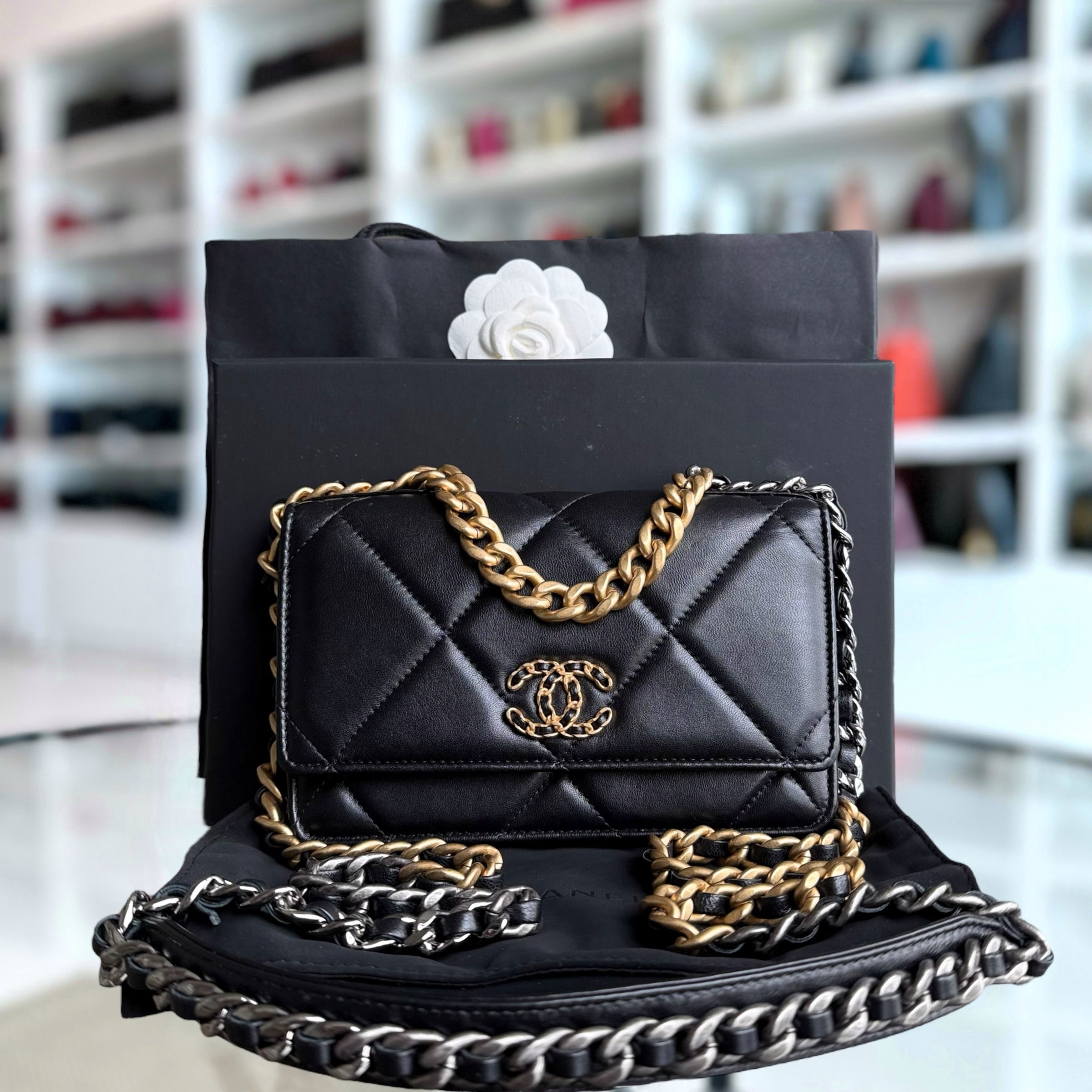 Chanel C19 WOC - 19 Bag Wallet On Chain Quilted Lambskin Black Two Tone Gold Hardware Microchip