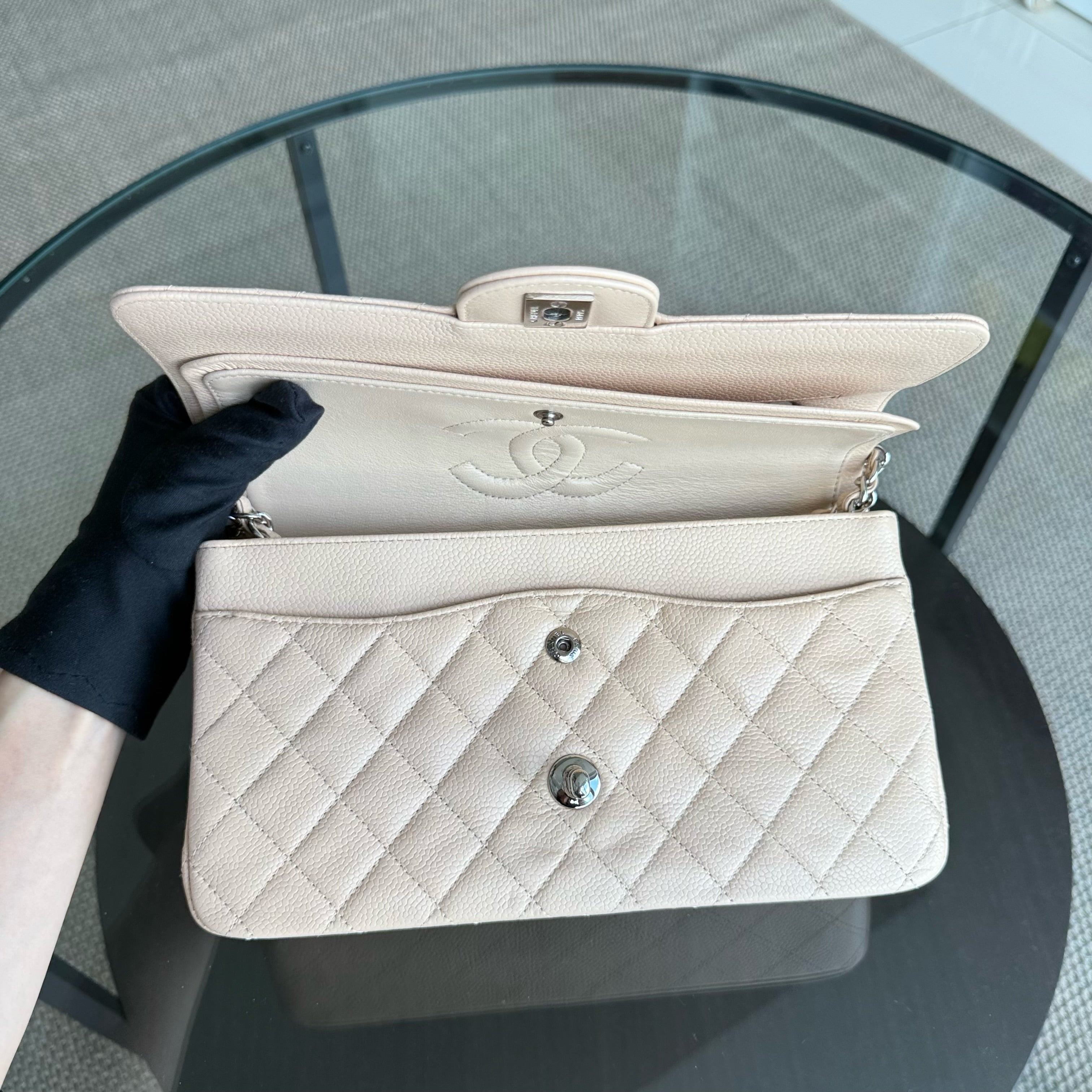 Chanel Classic Flap Medium - 25CM Quilted Lambskin Beige Silver Hardware Series 14