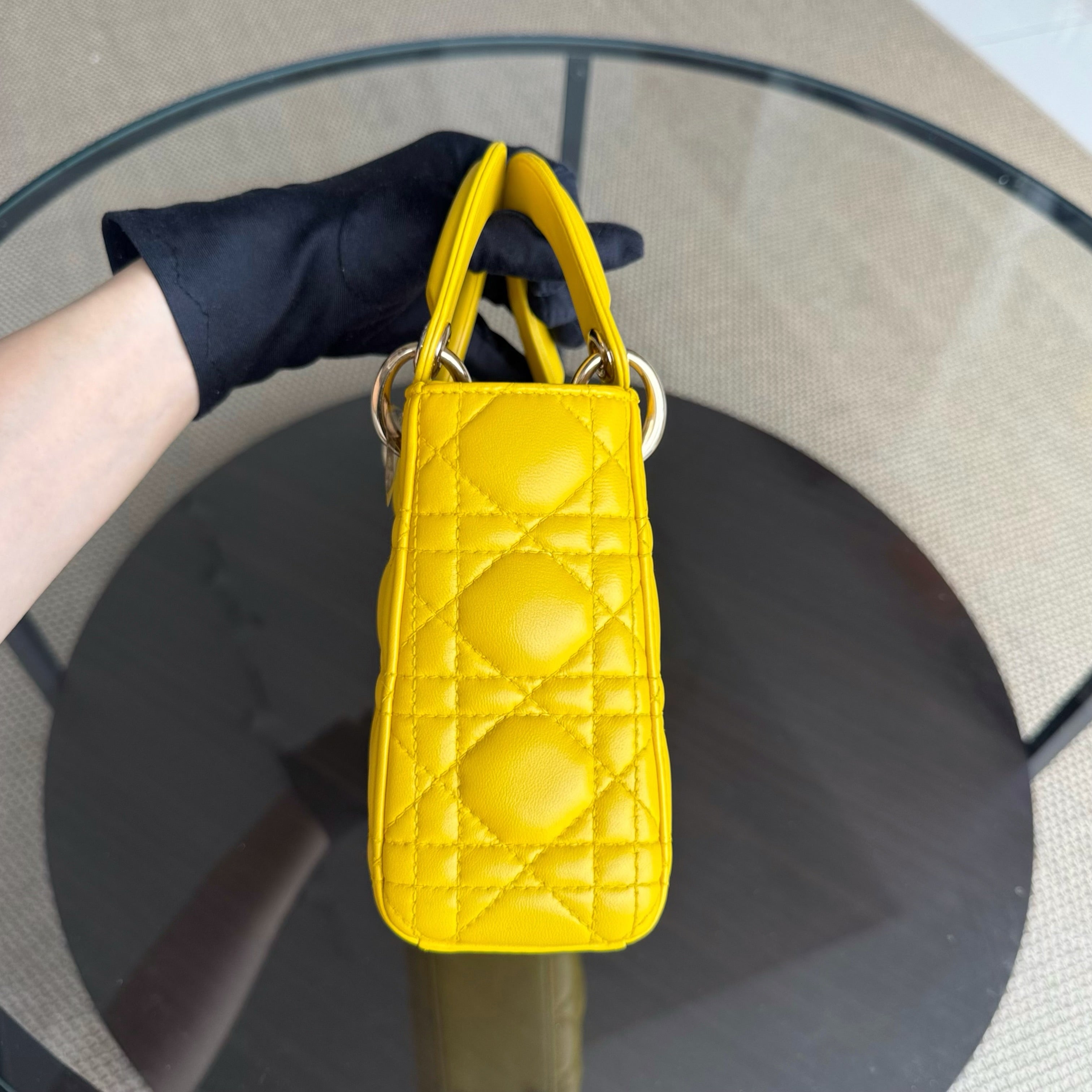 Dior Lady Mini - Cannage Lambskin Yellow Silver Hardware Adjustable Strap
