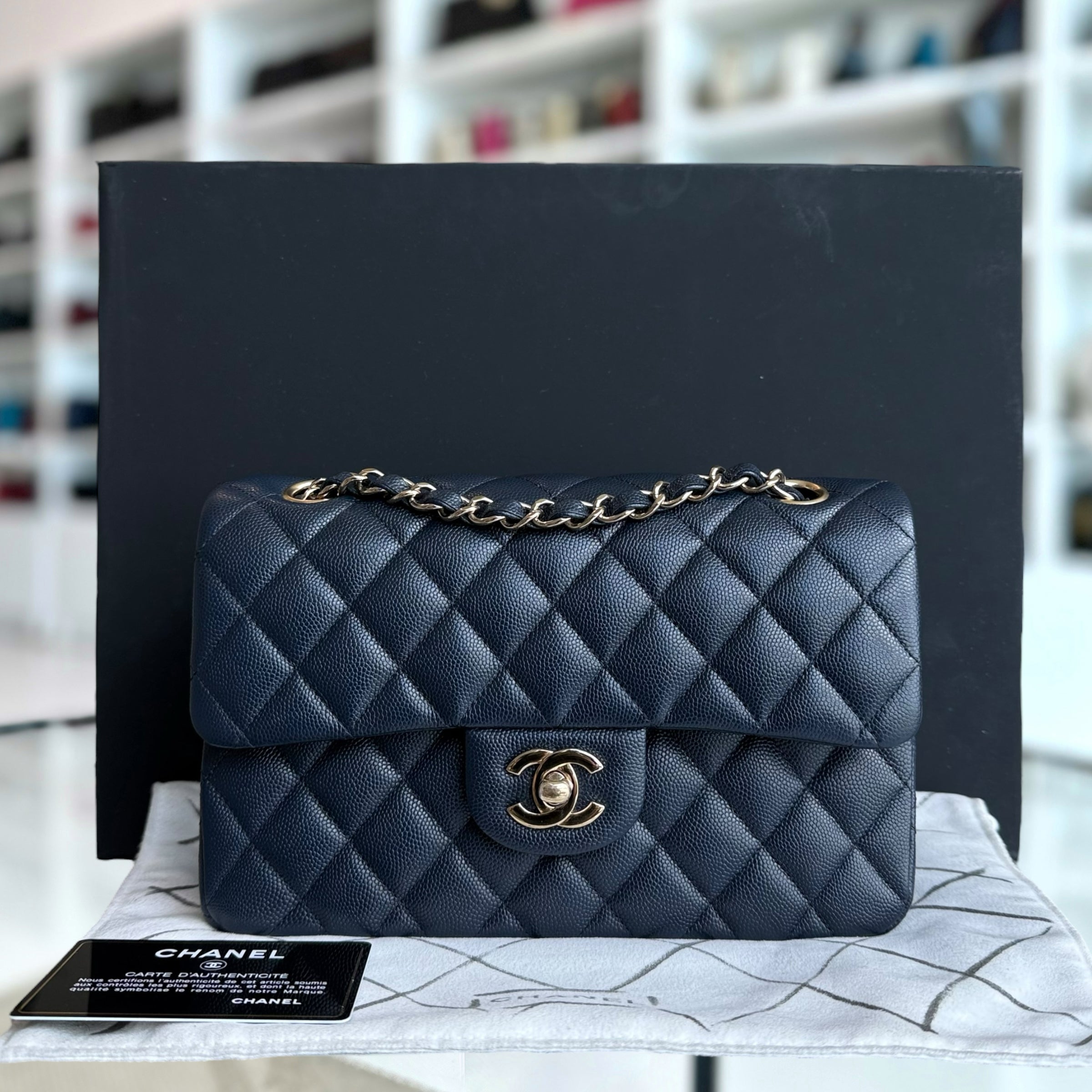 Full Set Chanel Classic Flap Small - Caviar 23CM Quilted Dark Midnight Blue Gold Hardware Series 30