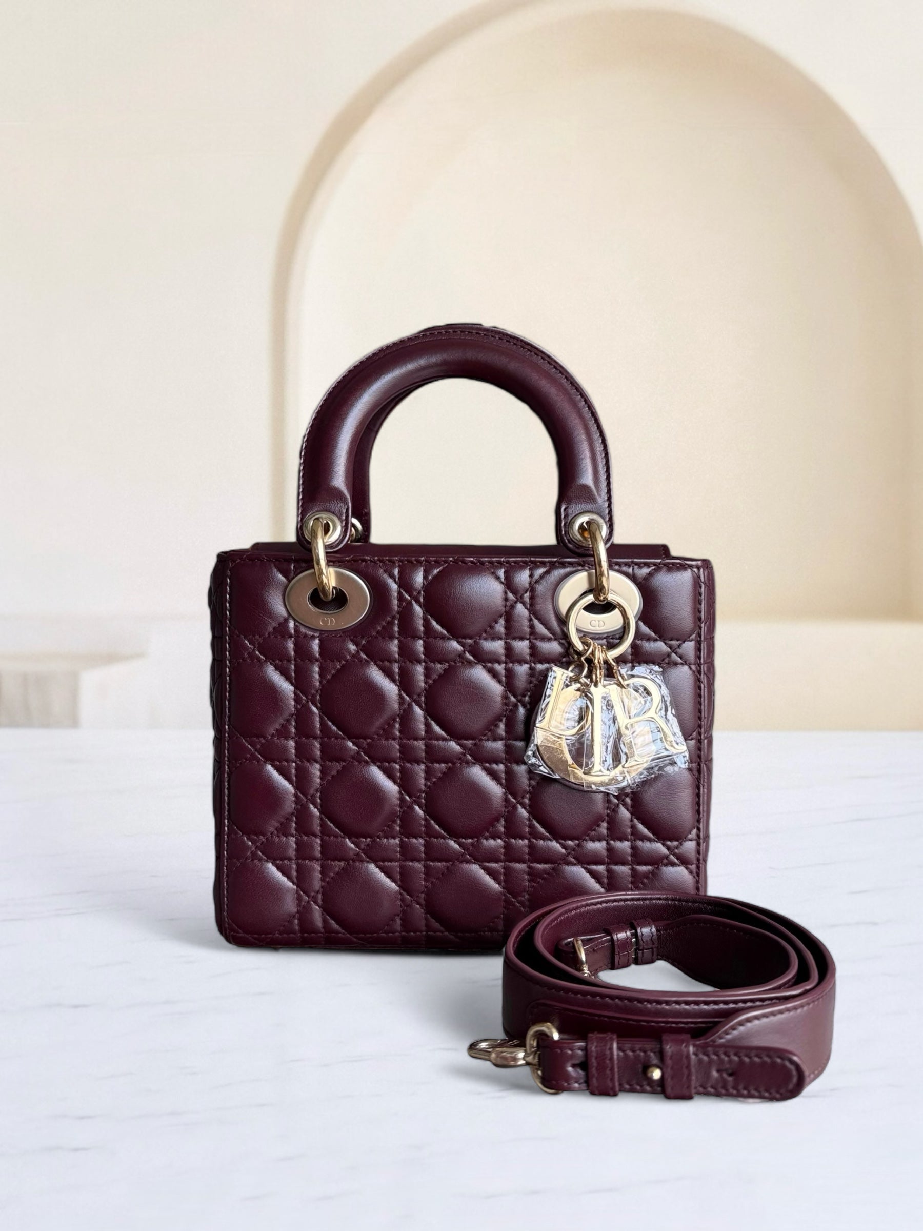 Dior Lady Small Flap - Cannage Lambskin Burgundy Red Gold Hardware