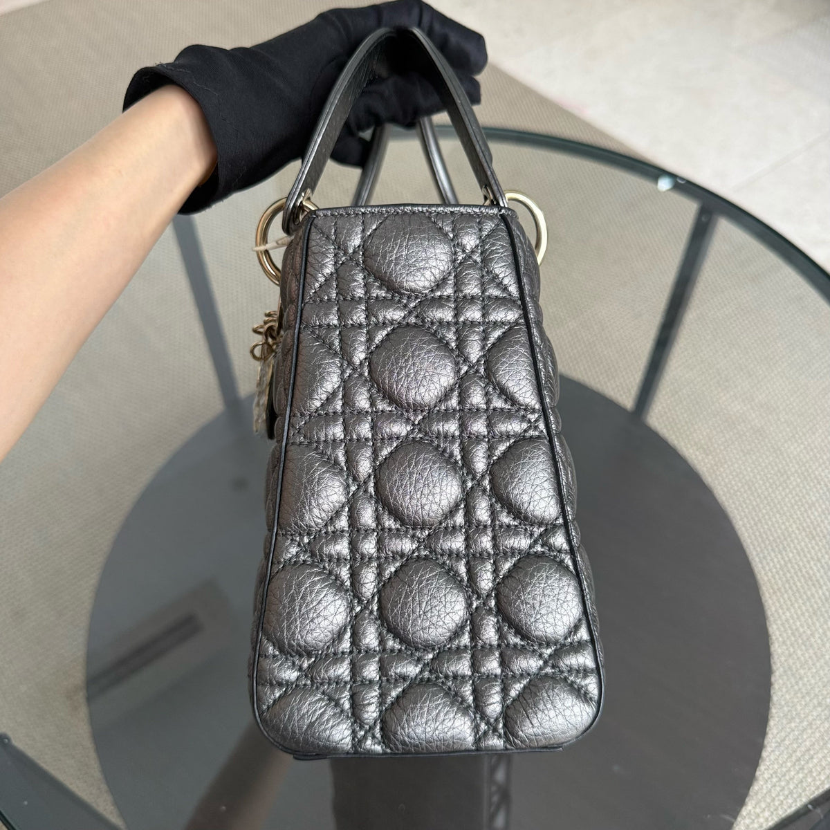 Dior Lady Medium Flap - Cannage Dark Gray Gold Hardware