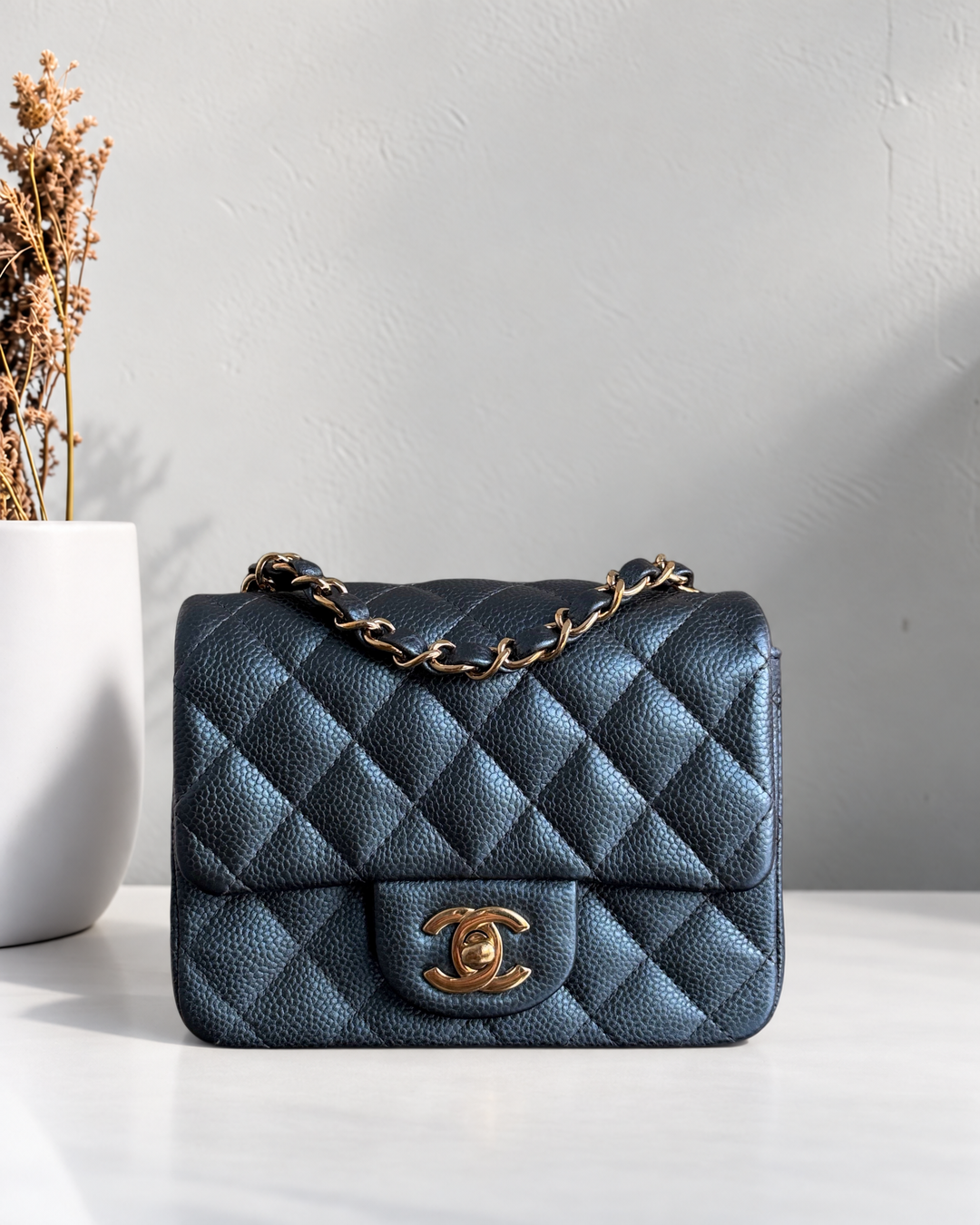 Chanel Classic Flap Mini Square - Caviar Quilted Dark Blue Gold Hardware Series 25
