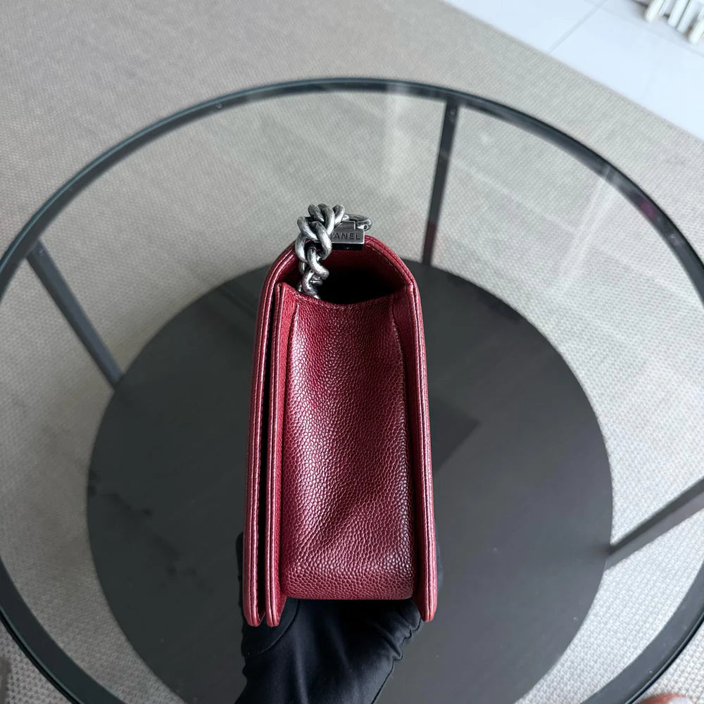 Chanel Boy Medium - 28CM Caviar Quilted Grained Calfskin Burgundy Dark Red Silver Hardware Series 19