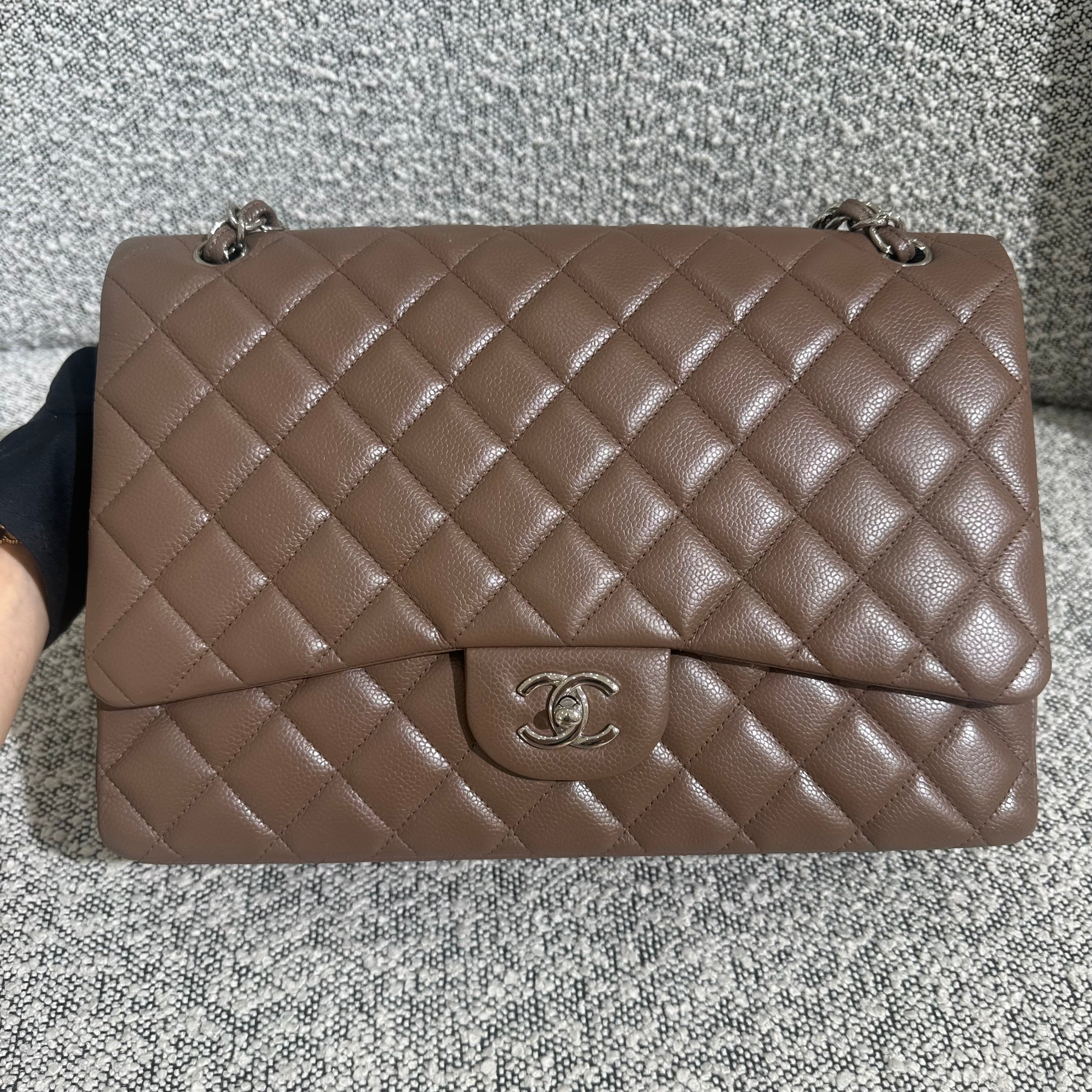 Chanel Classic Flap Maxi - Caviar 33CM Single Flap Quilted Brown Silver Harware