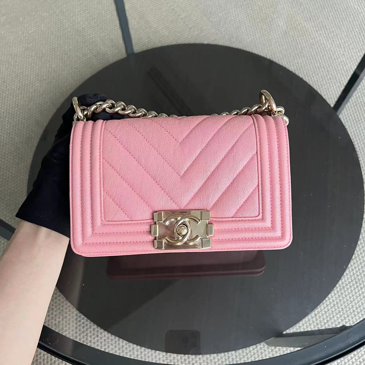 Chanel Caviar Le Boy Small Chevron Calfskin Sakura Pink Golden Hardware Series 27