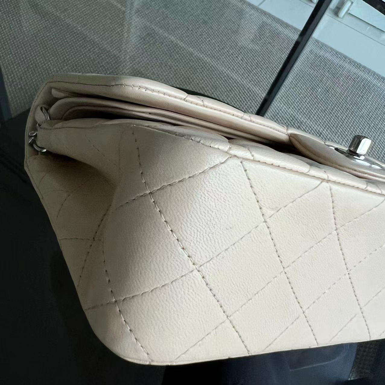 Double Flap Quilted Lambskin Beige Silver Hardware Series 14