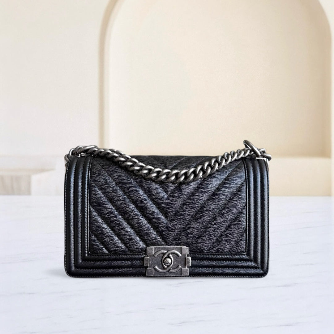 Chanel Boy Medium - Caviar 25CM Chevron Black Ruthenium Silver Hardware Series 24