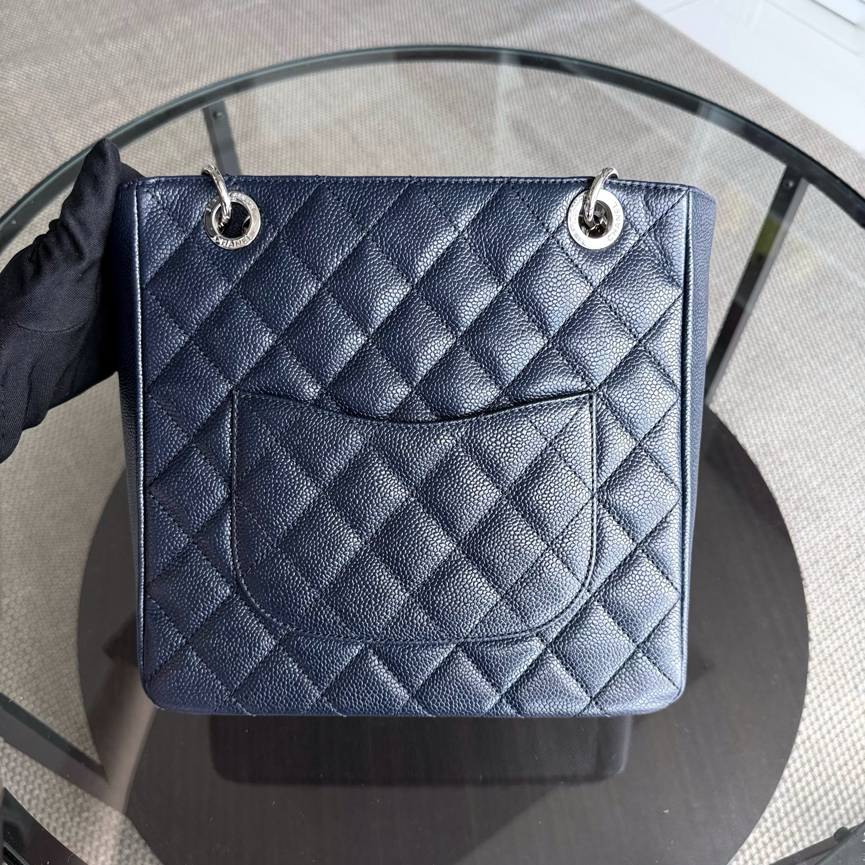 Chanel PST Petite Shopping Tote - Caviar 24CM Quilted Dark Blue Silver Hardware Series 18