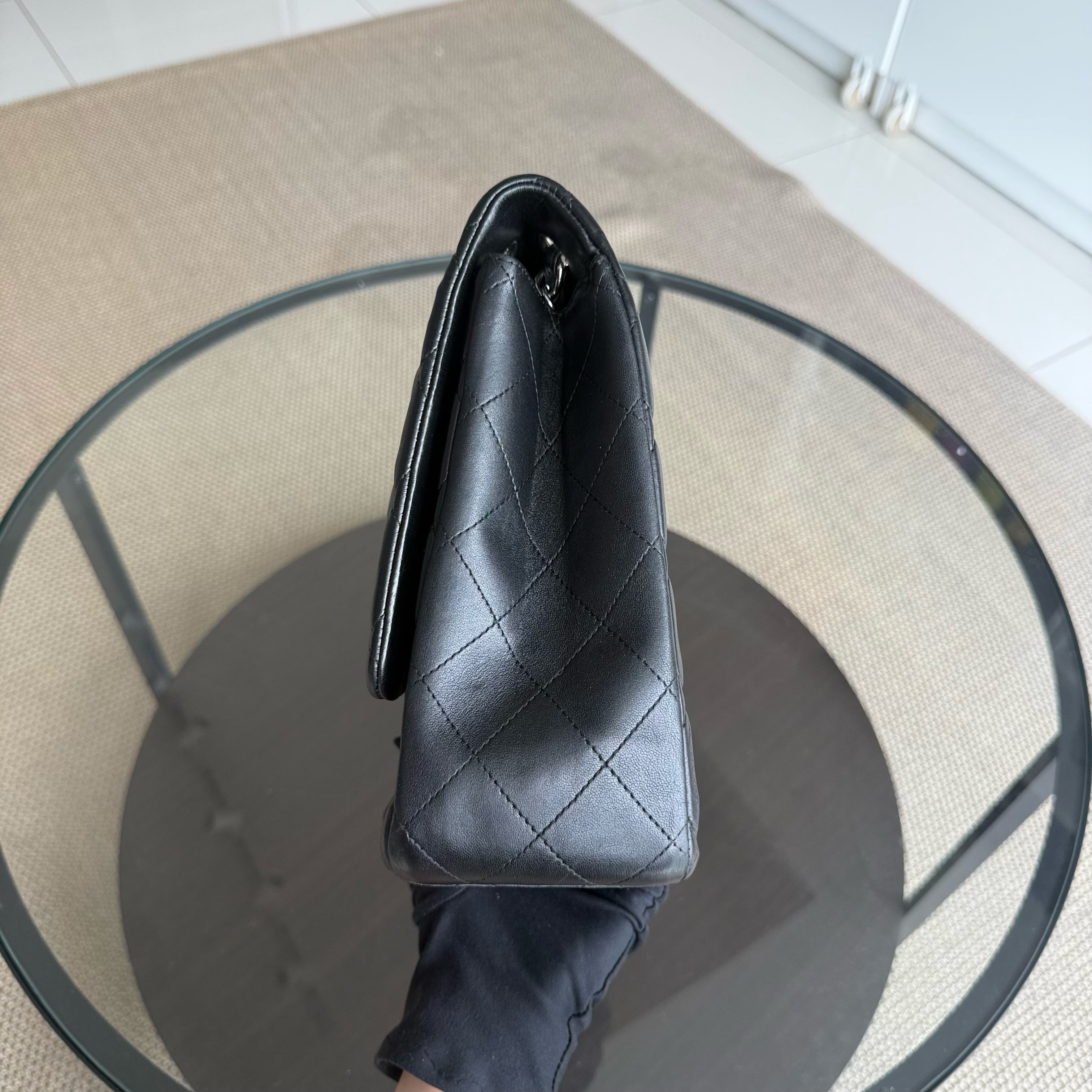 Chanel Classic Flap Maxi - 34CM Quilted Single Flap Lambskin Black Silver Hardware Series 13