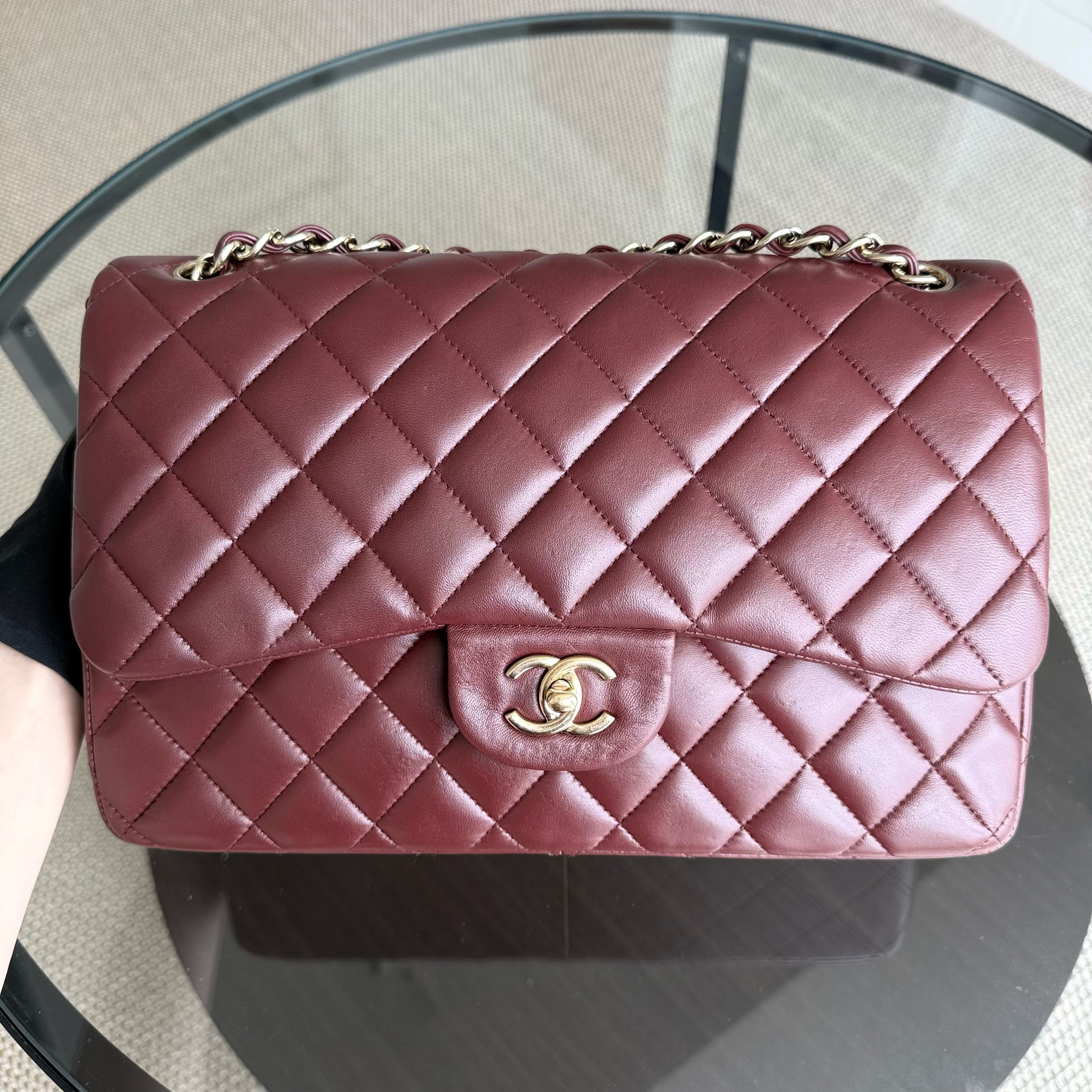 Chanel Classic Flap Jumbo - Double Flap 30CM Quilted Lambskin Burgundy Dark Red Gold Hardware Series 21