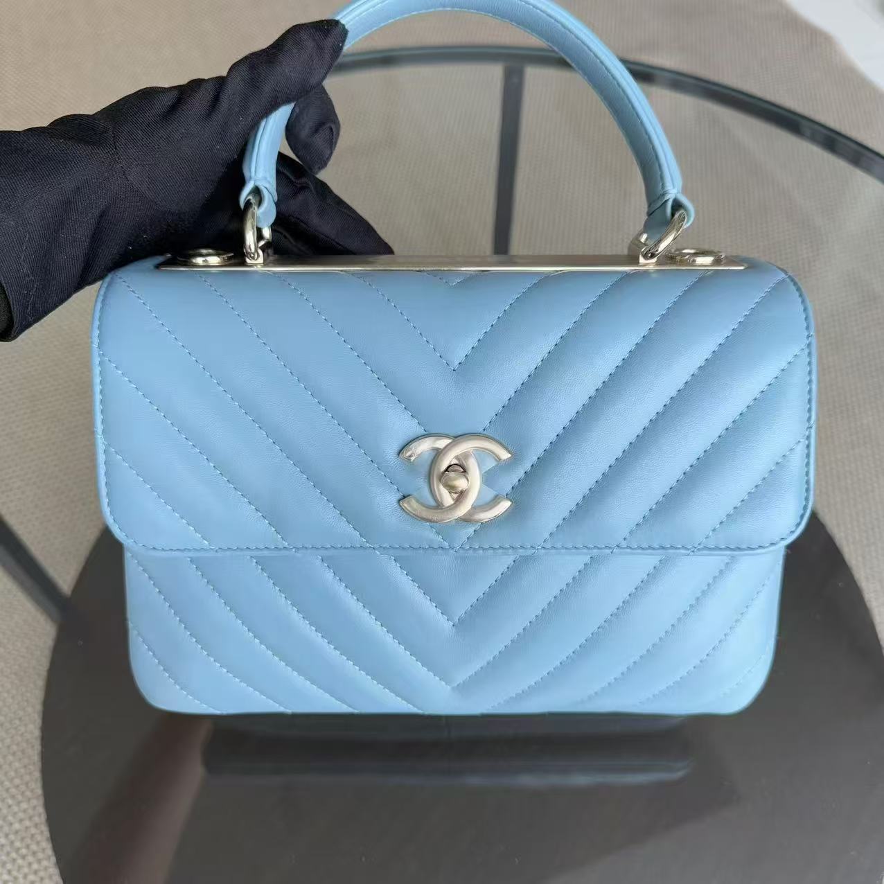 Chanel Trendy CC Small - Chevron Lambskin Light Blue Gold Hardware Series 25