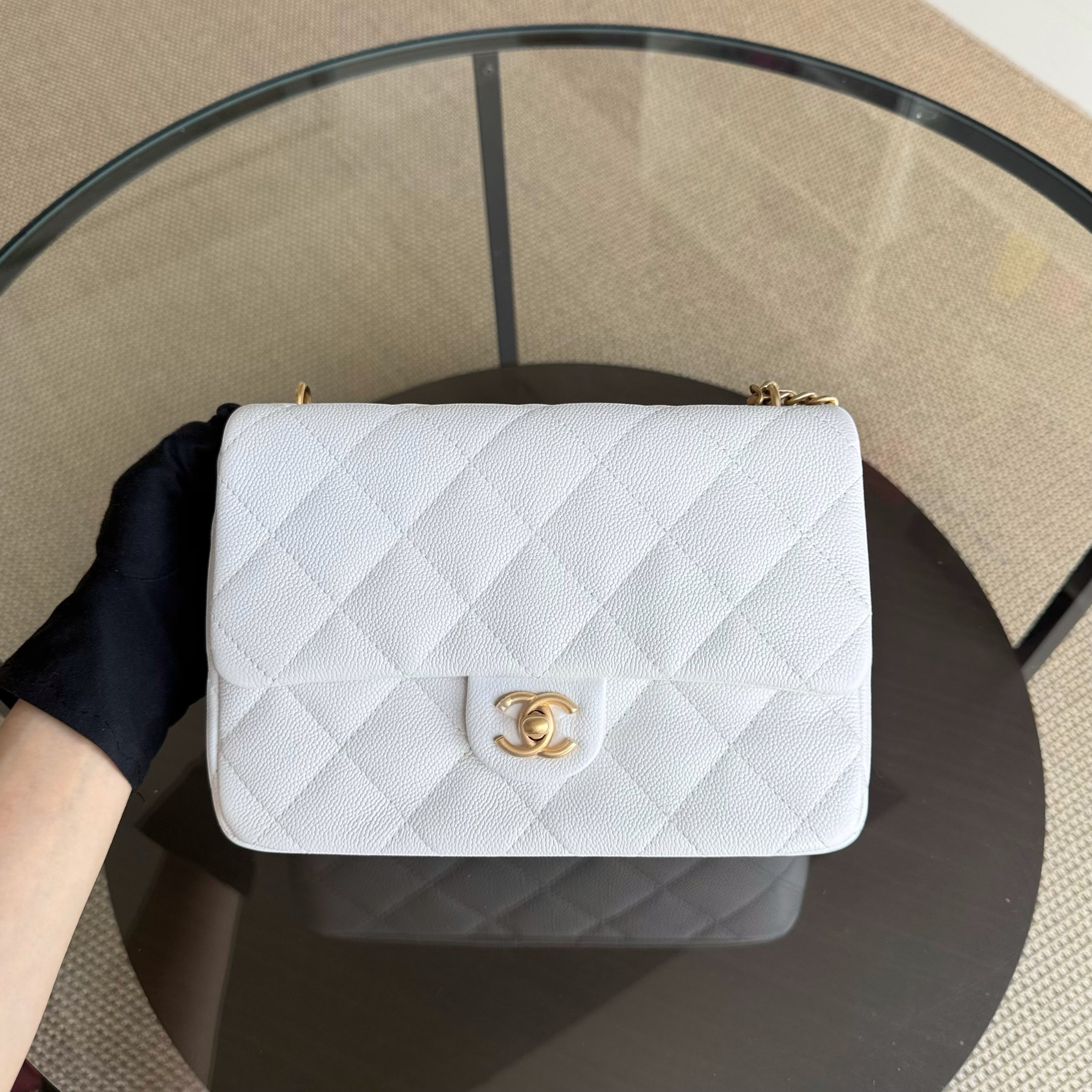 Chanel Flap Medium Sweetheart 23P Adjustable Chain - Caviar Quilted White Gold Hardware Microchip