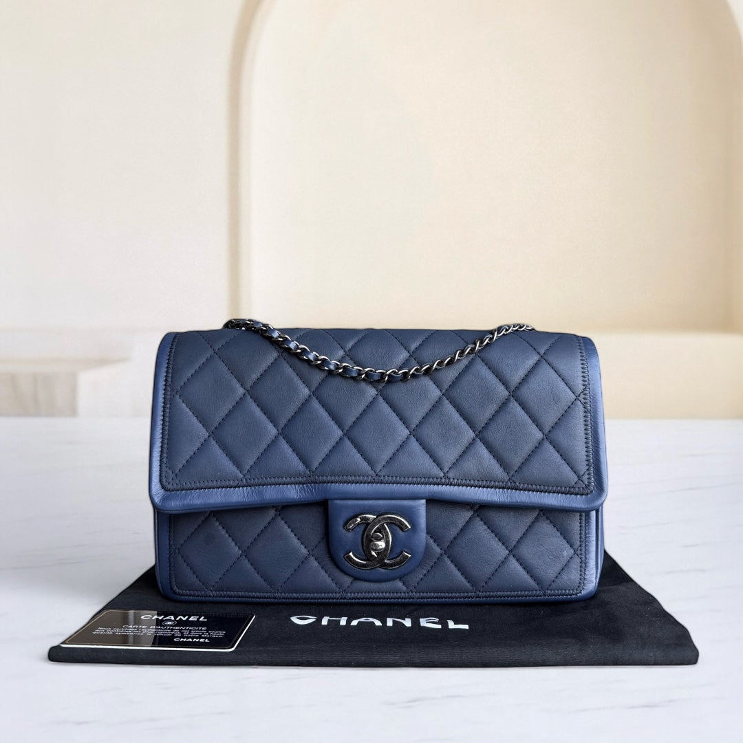 Chanel Seasonal Flap - 25CM Quilted Calfskin Blue Ruthenium Silver Hardware Series 20