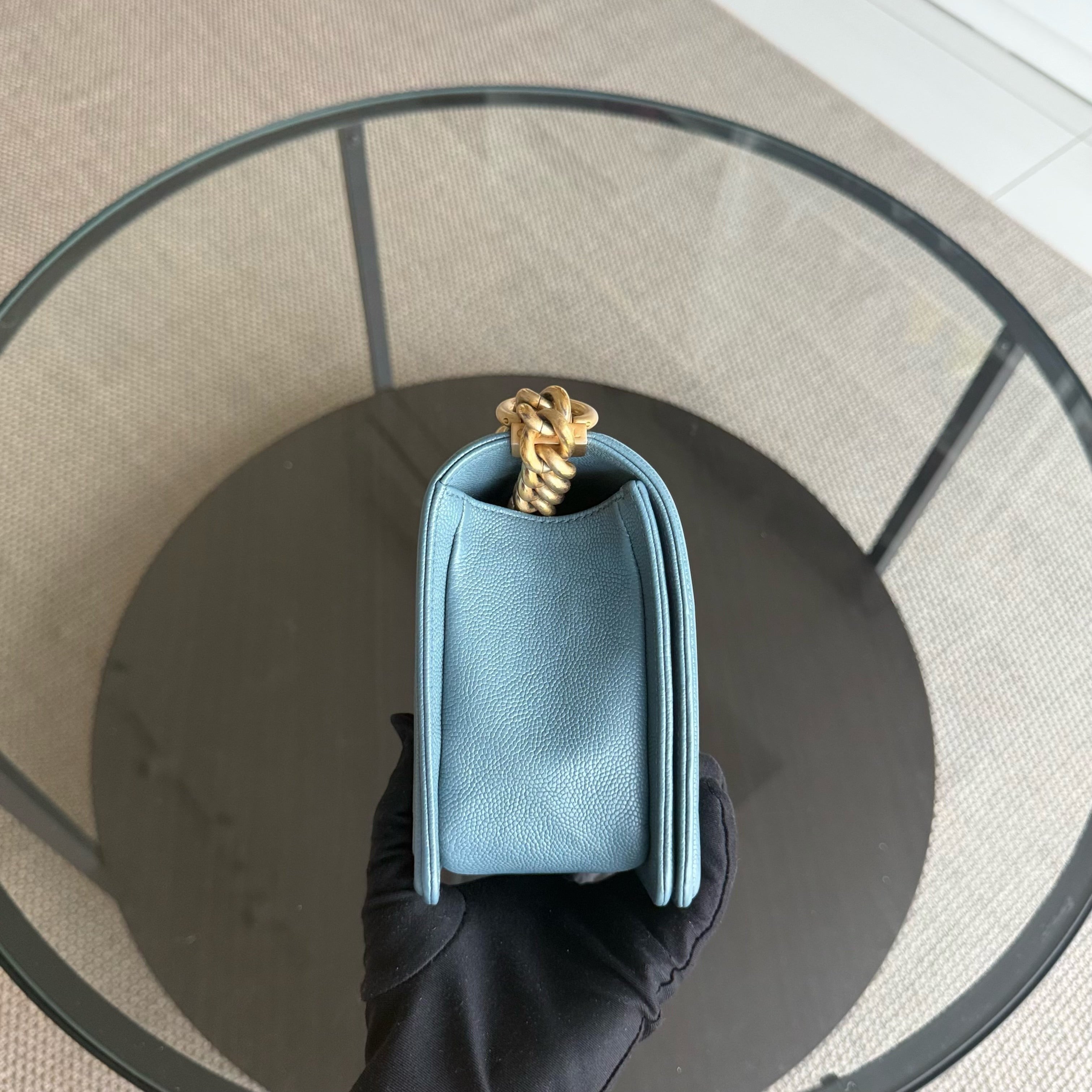 Chanel Boy Medium - Caviar 25CM Quilted Blue Gold Hardware 25