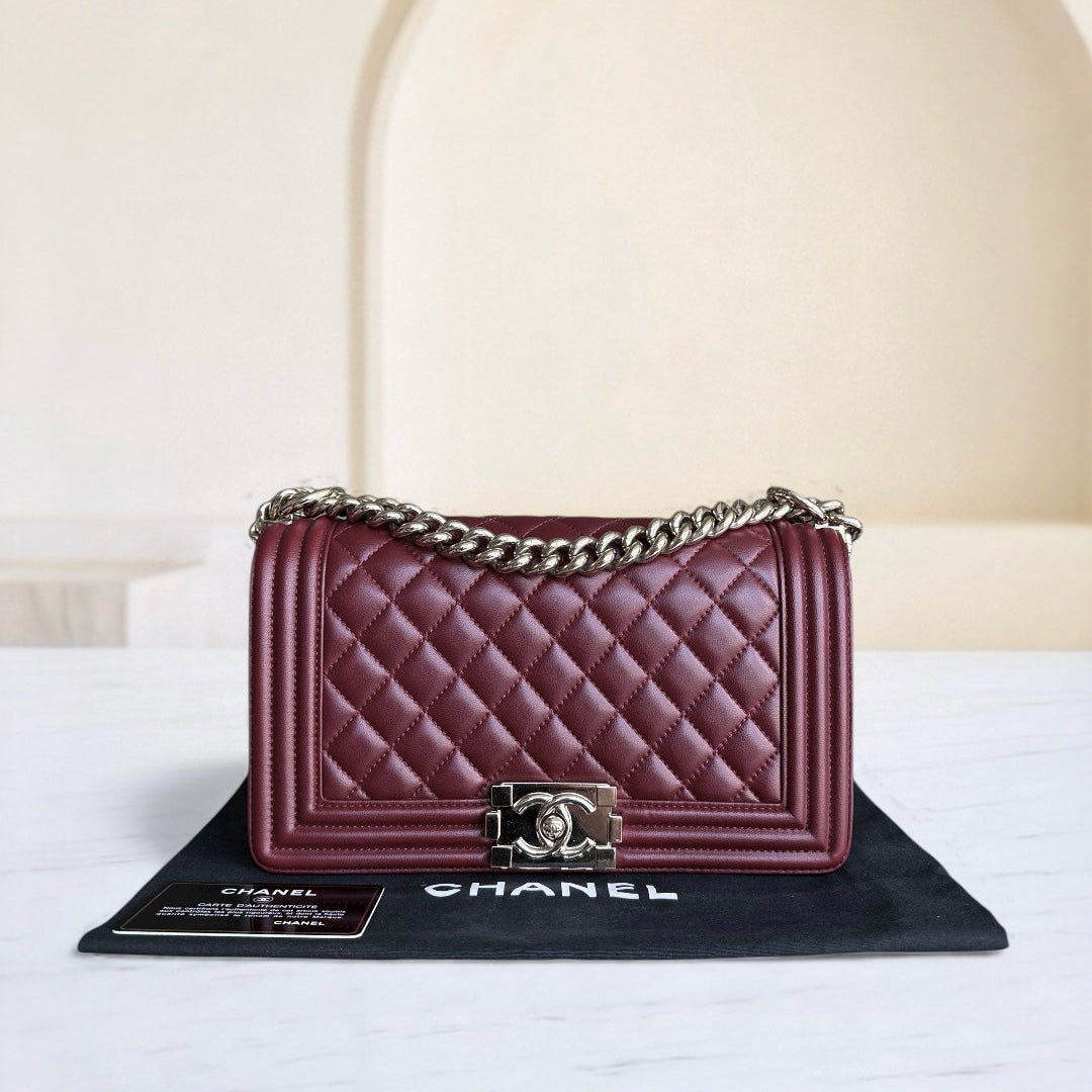 Chanel Boy Medium - 25CM Quilted Lambskin Burgundy Red Gold Hardware Series 22