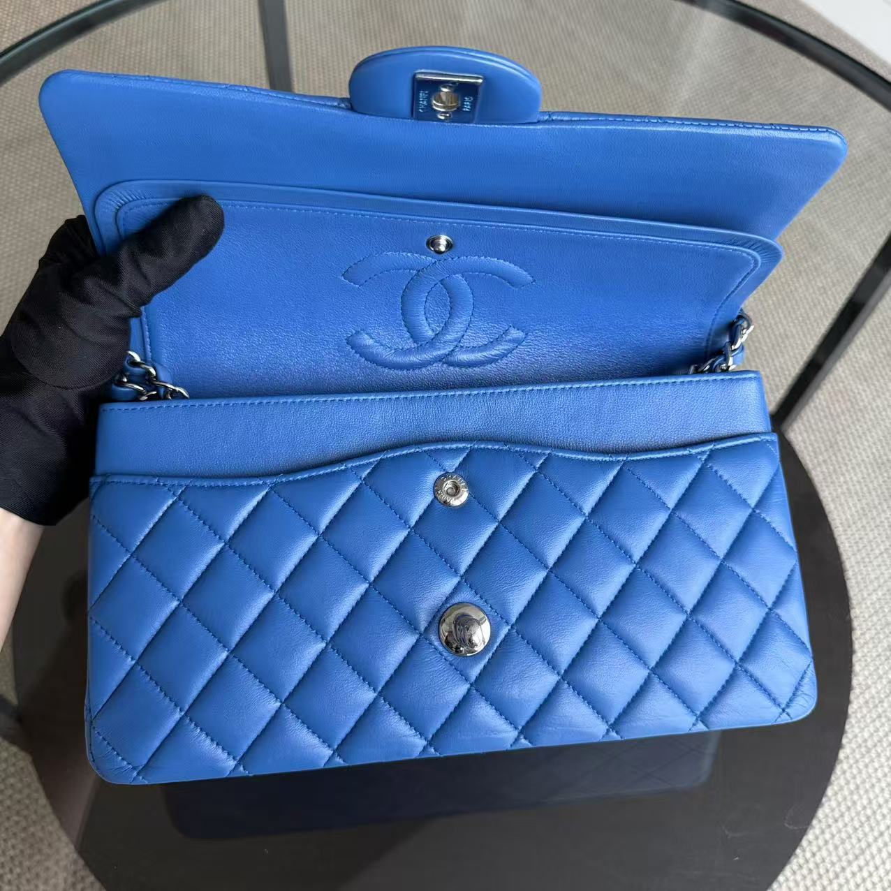 Chanel Classic Flap Medium - 25CM Quilted Lambskin Double Flap Blue Silver Hardware Series 22