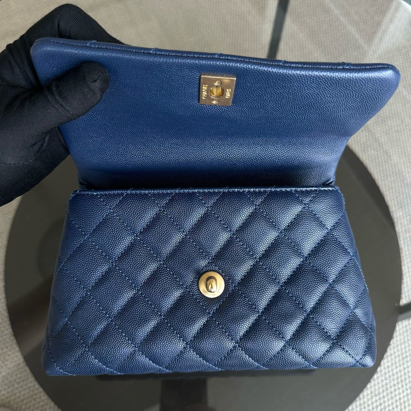 Chanel Coco handle Small - Caviar 24CM Quilted Calfskin Lizard Dark Blue Gold Hardware No 24