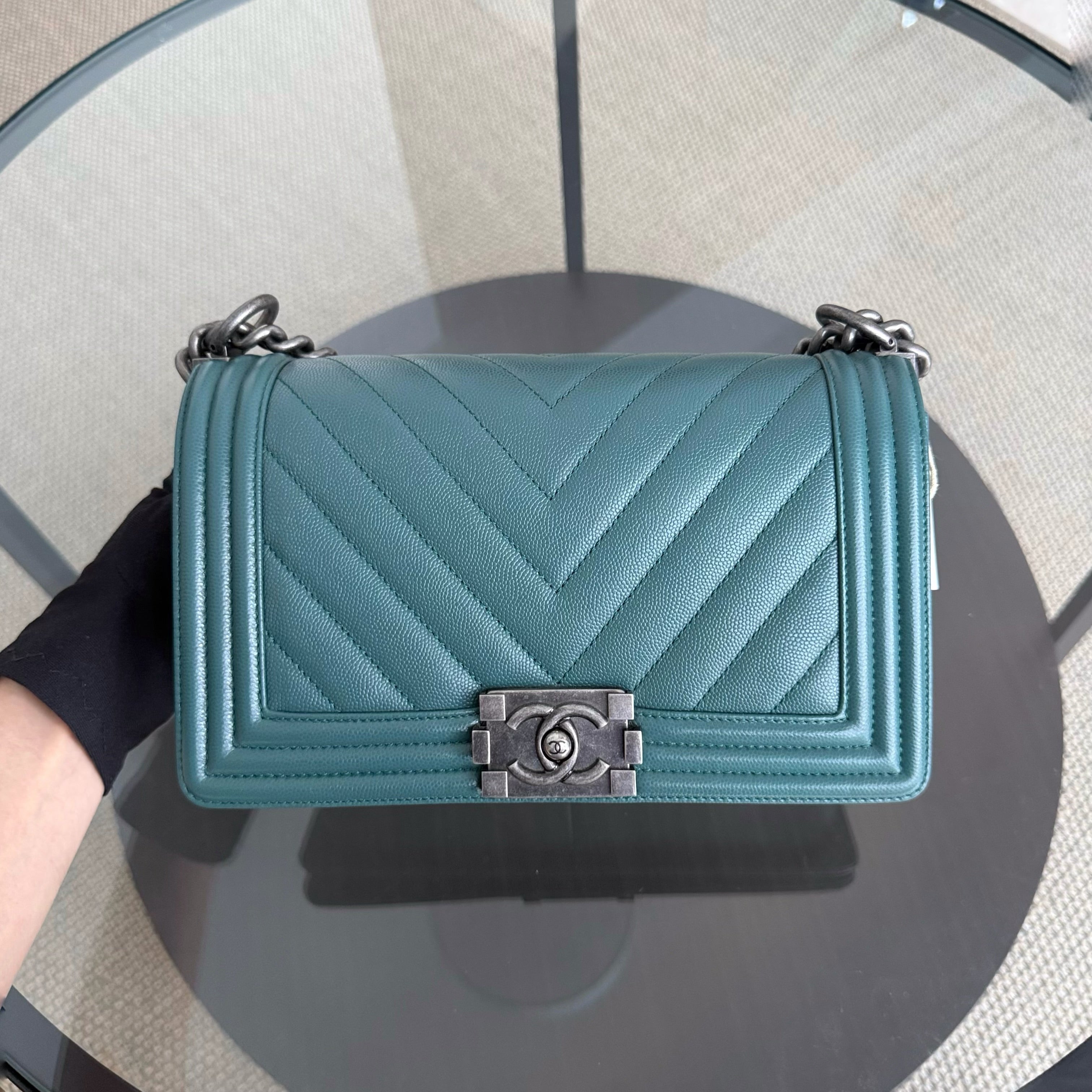 Chanel Boy Medium - Caviar 25CM Chevron Dark Green Ruthenium Silver Hardware Series 24