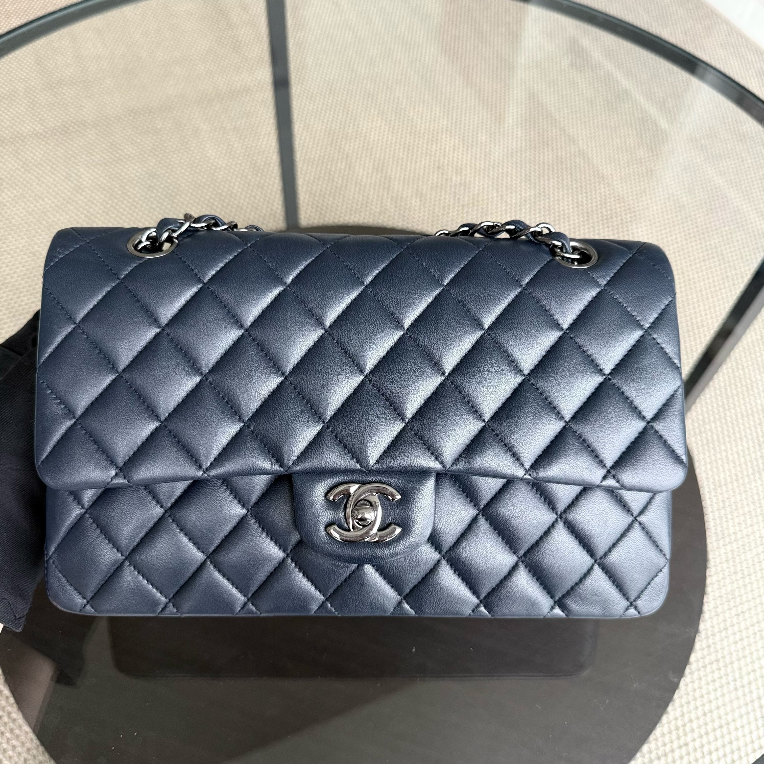 Chanel Classic Flap Medium - 25CM Quilted Lambskin Dark Midnight Blue Silver Hardware Series 18