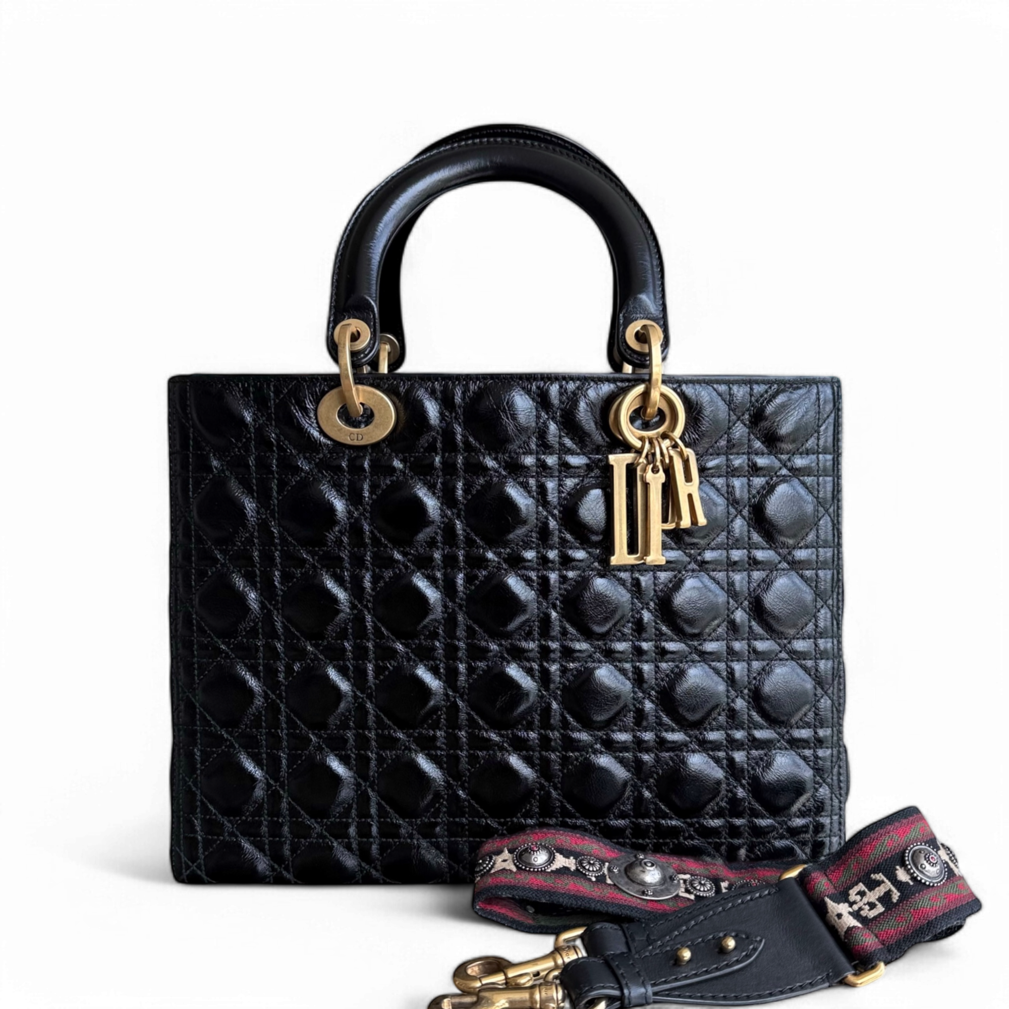 Dior Lady Large Flap - Glazed Calfskin Cannage Black Gold Hardware